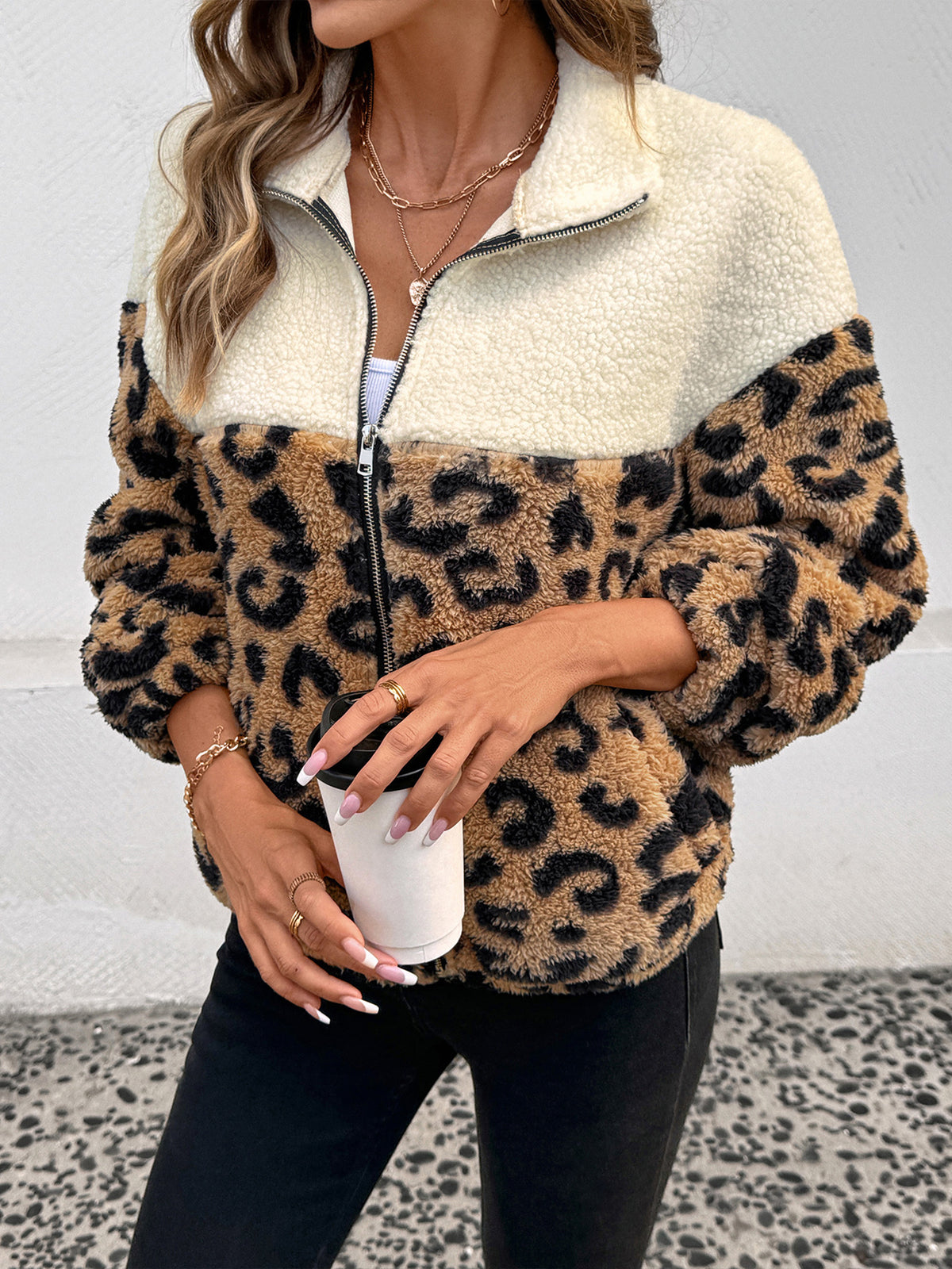 Leopard print teddy fleece jacket with the front zip half open