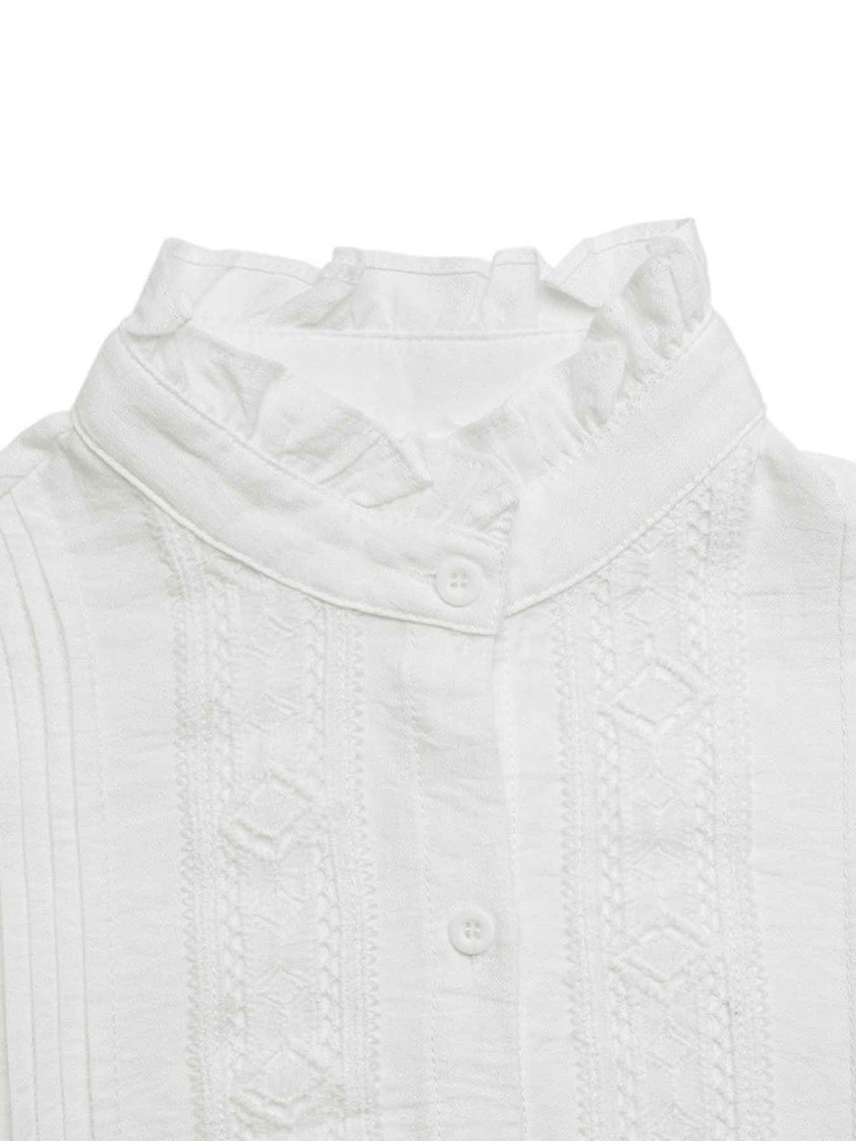 Close-up of a white textured blouse featuring a ruffled mock neck collar and vertical embroidered knit patterns on the front.
