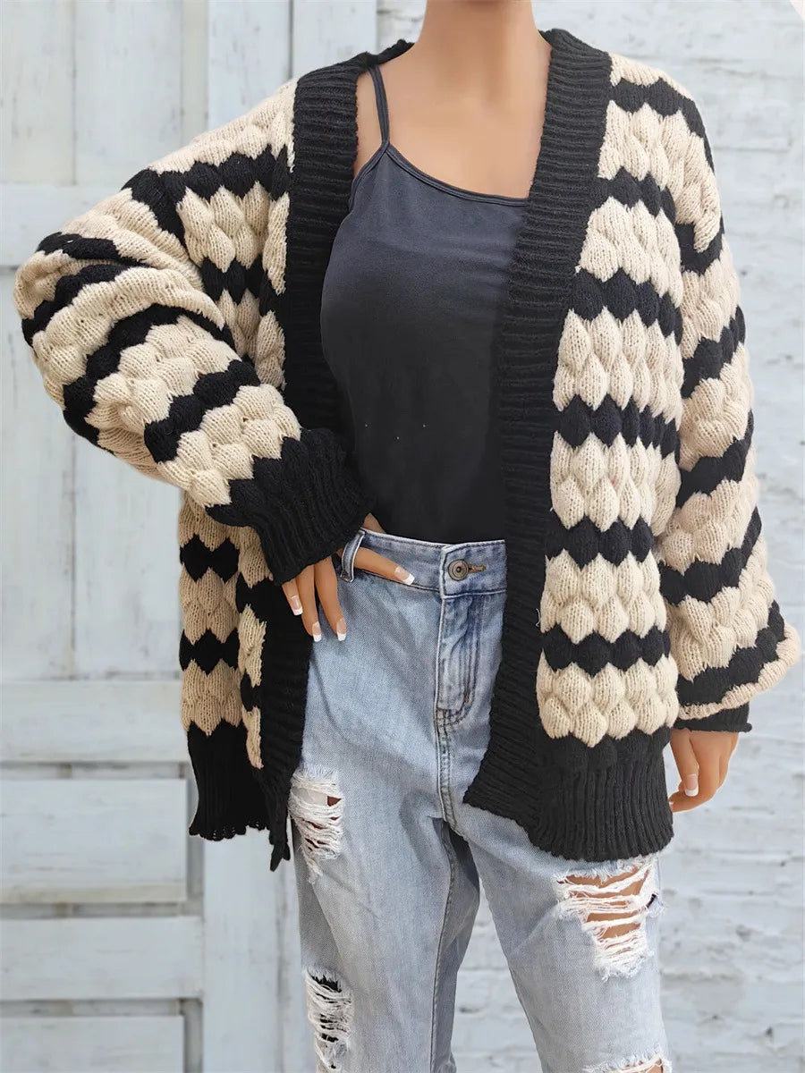 Stripe Bubble Knit Open Front Chunky Cardigan