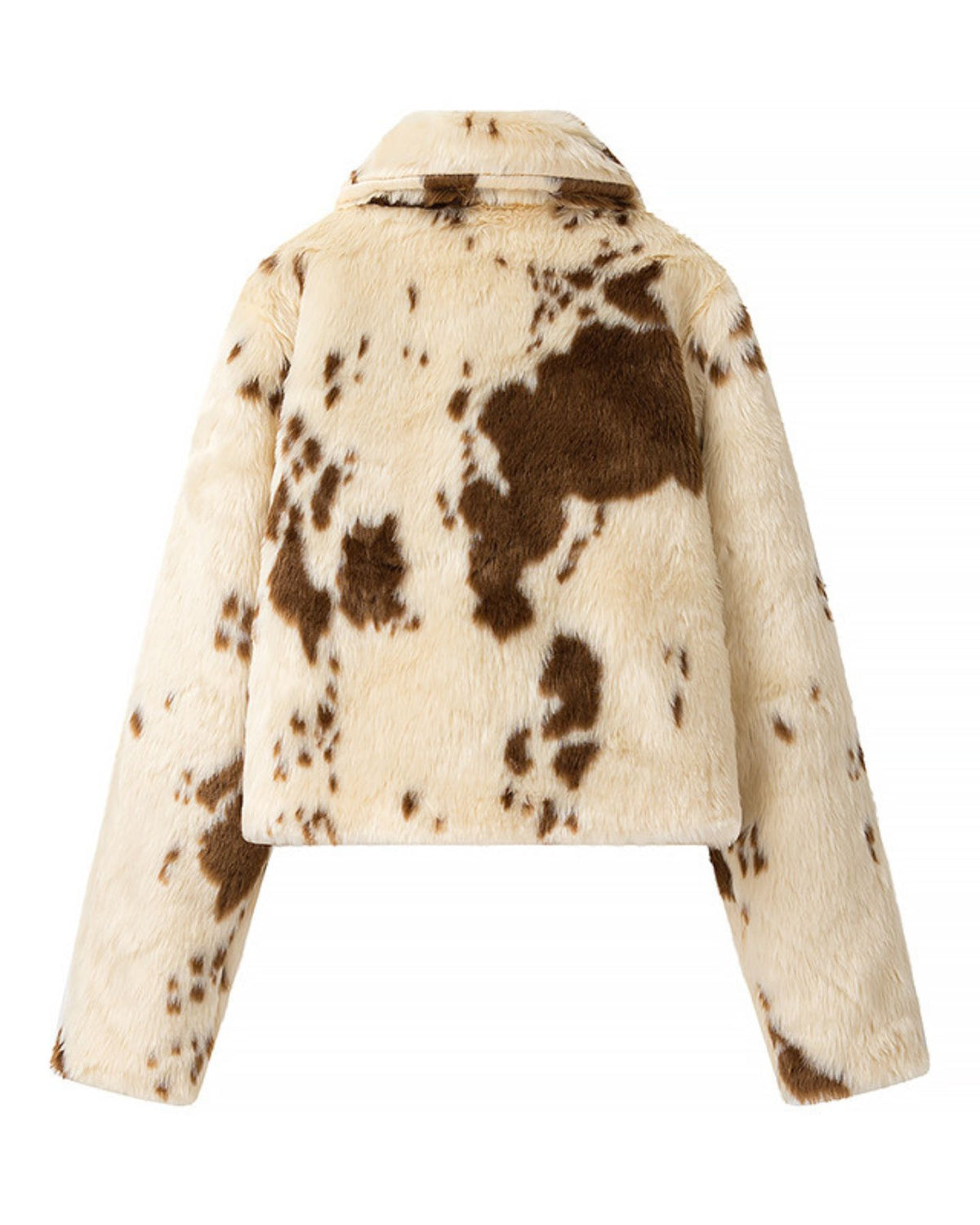 Collared Zip Through Cropped Cow Print Faux Fur Jacket