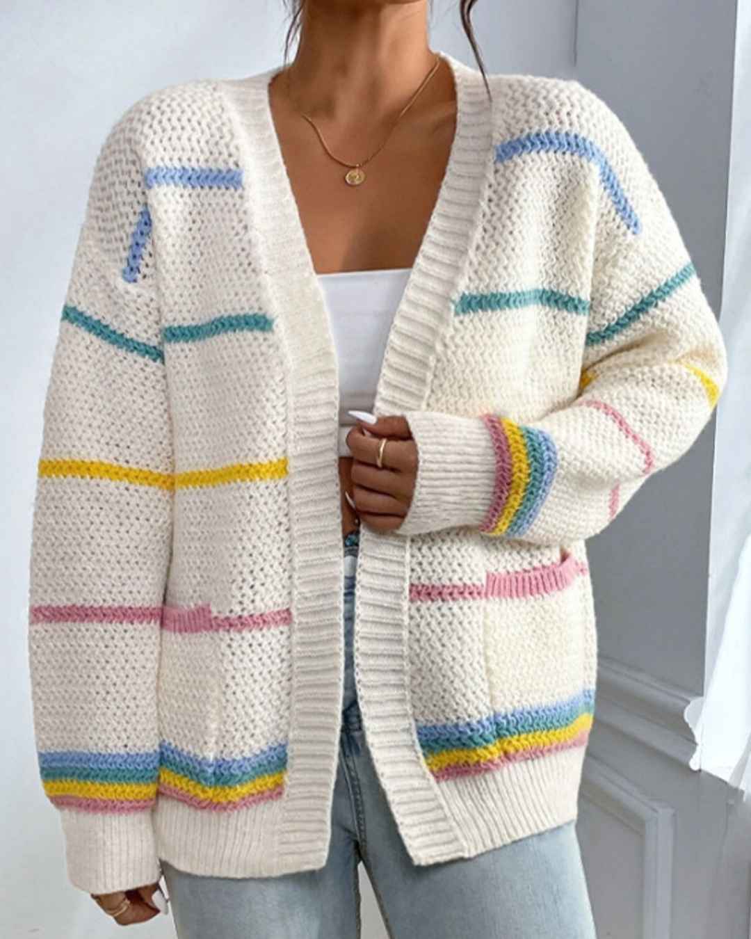 Open Front Rainbow Stripe Pocket Knit Cardigan