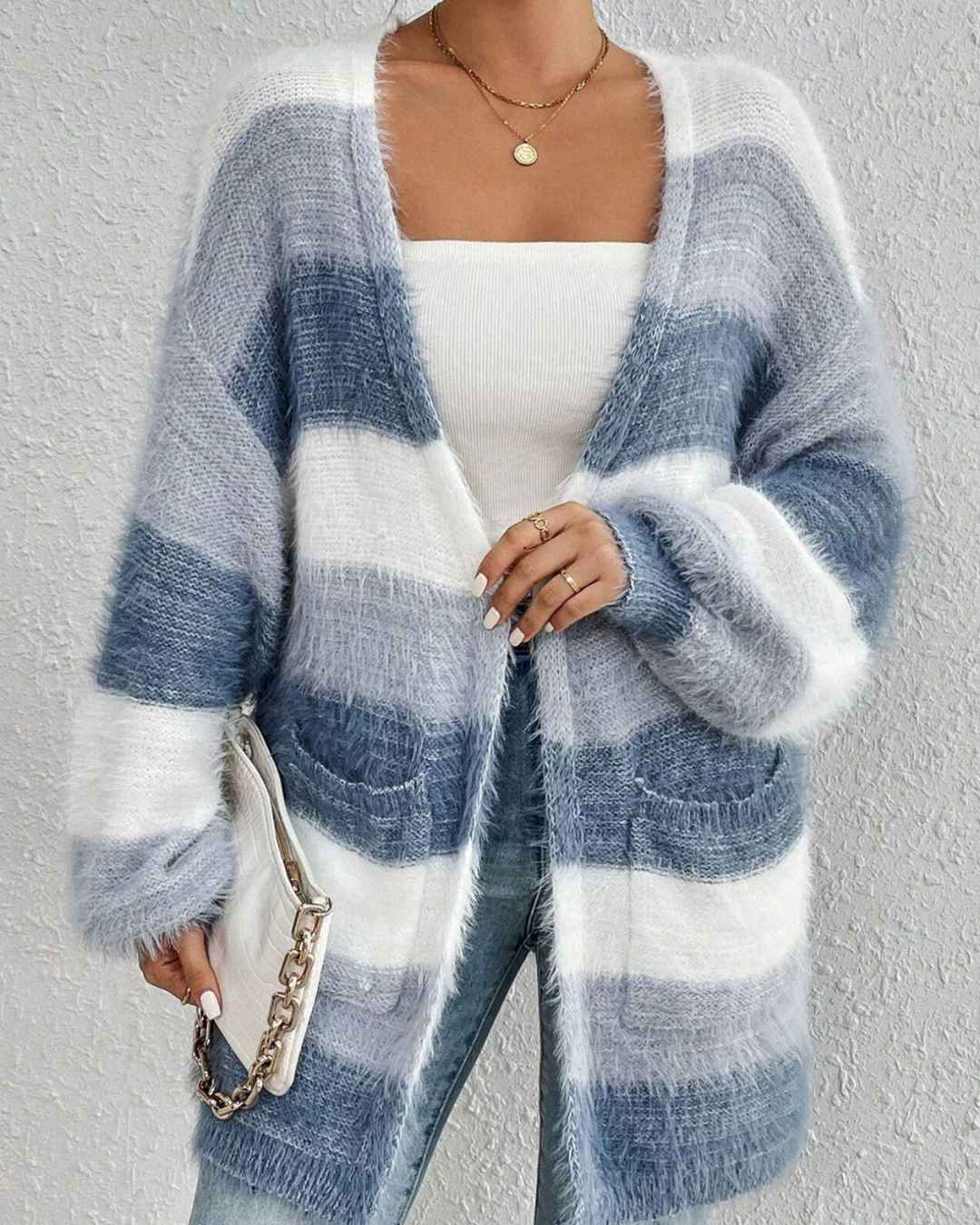 Colour Block Stripe Open Front Fluffy Longline Cardigan