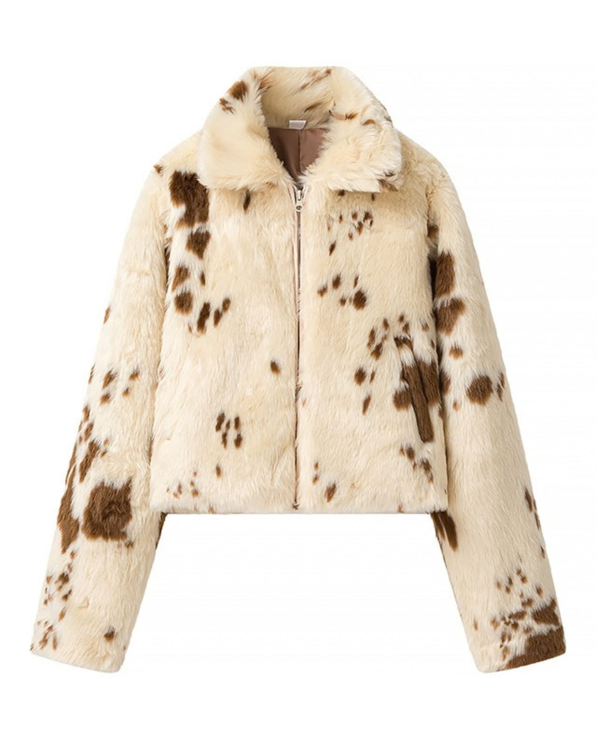 Collared Zip Through Cropped Cow Print Faux Fur Jacket