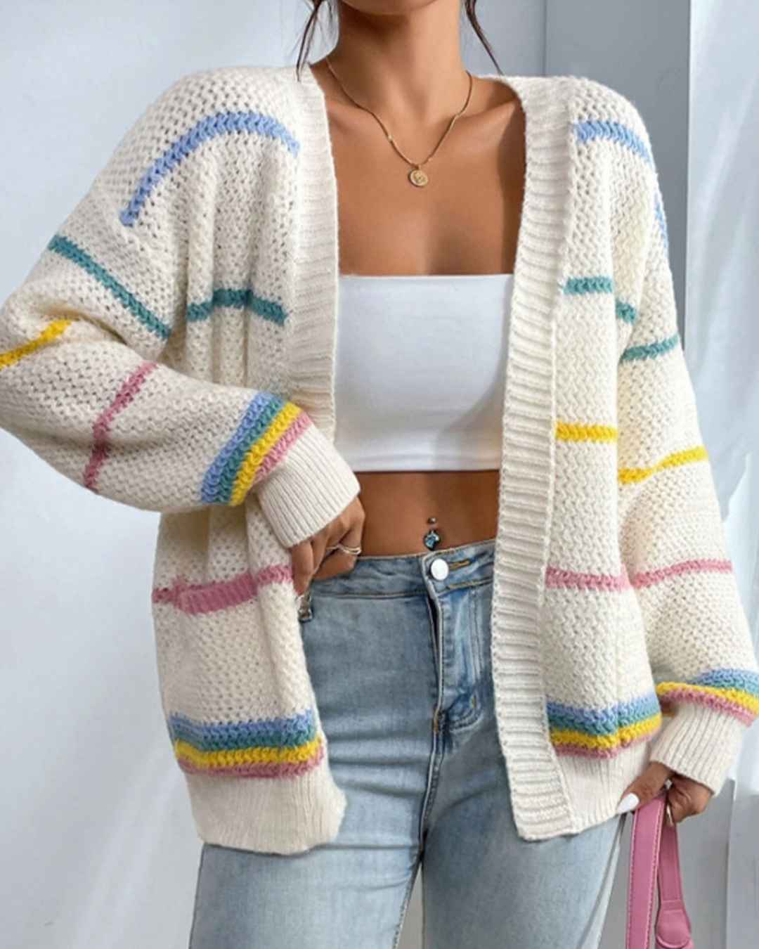 Open Front Rainbow Stripe Pocket Knit Cardigan