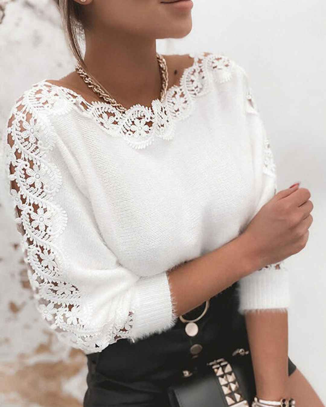 Boat Neck Lace Sleeve Fluffy Knit Jumper