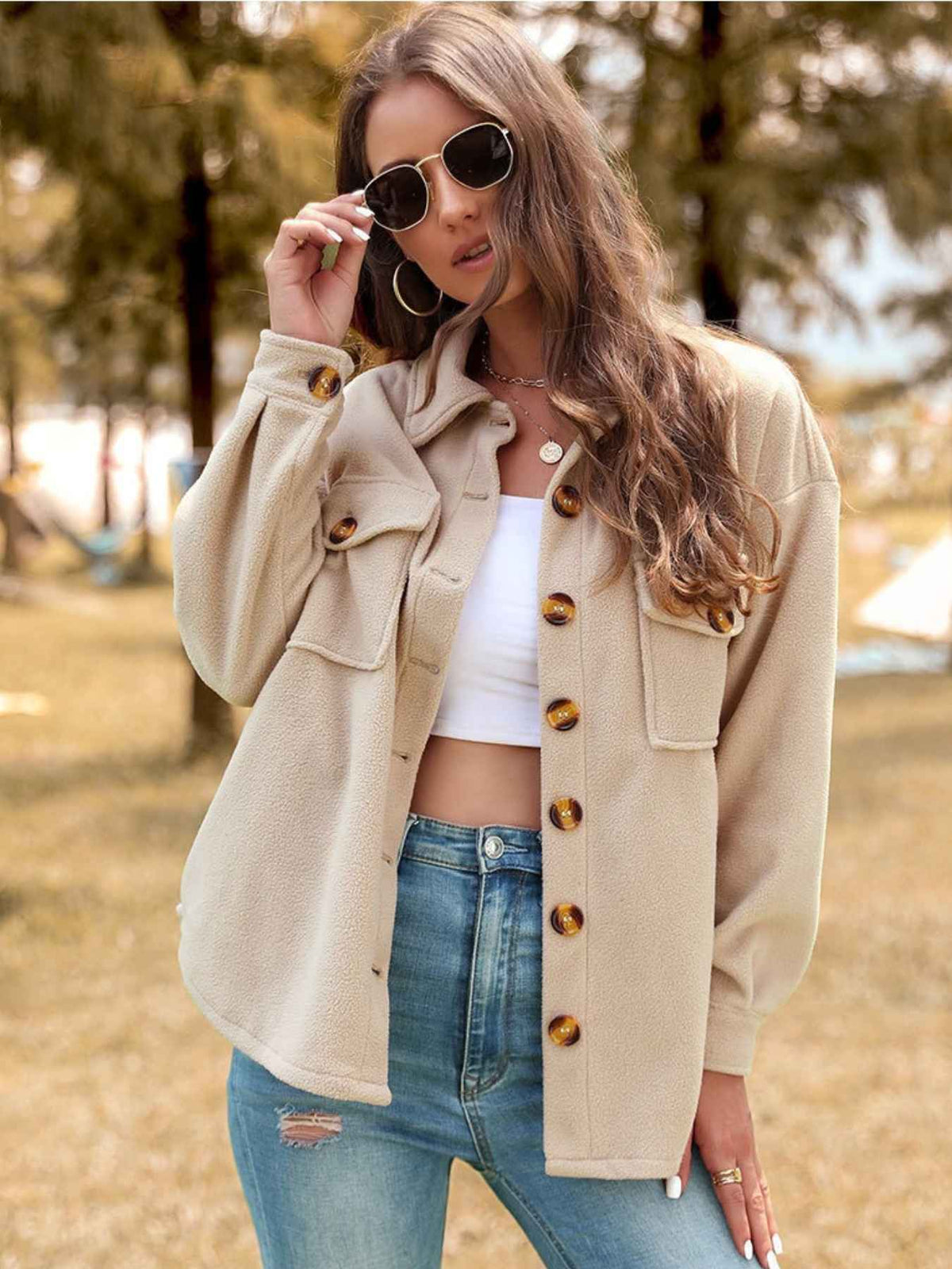 Button Through Flap Pocket Oversized Fleece Shacket