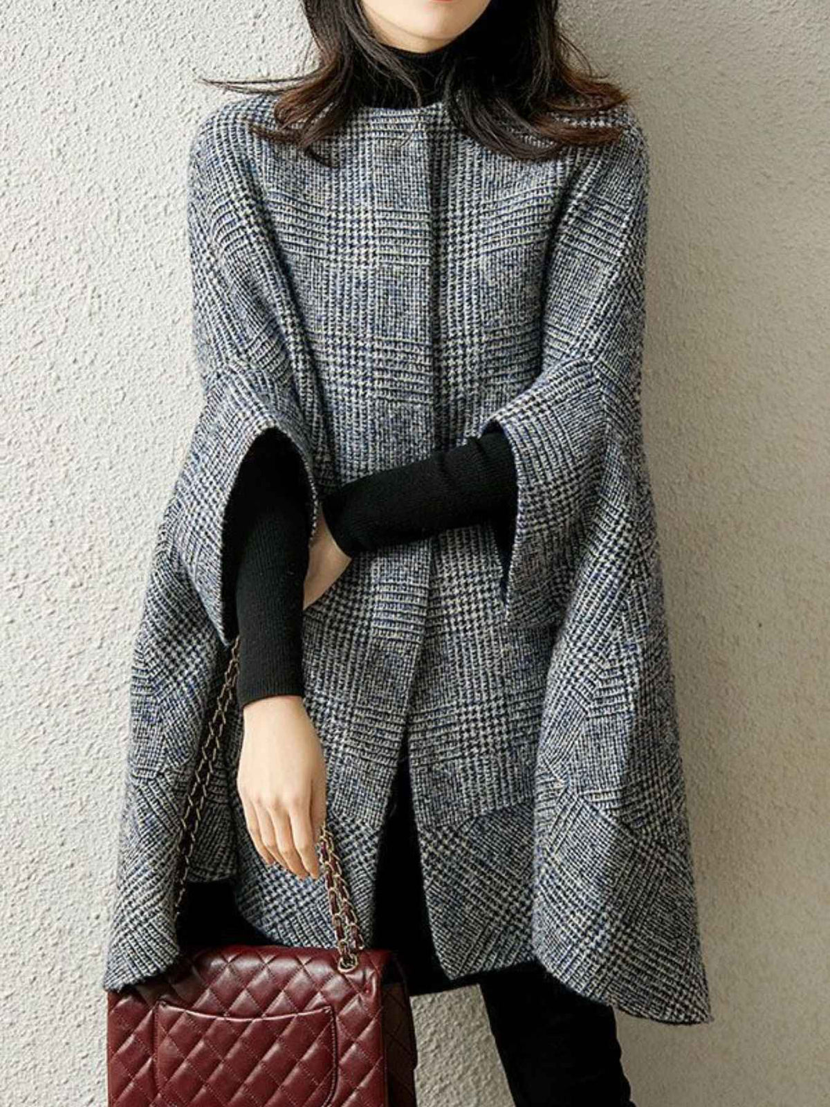 Stand Collar Snap Front Check Cape Coat