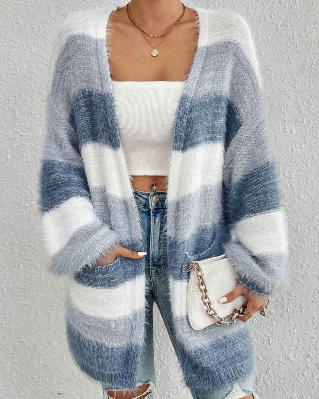 Colour Block Stripe Open Front Fluffy Longline Cardigan