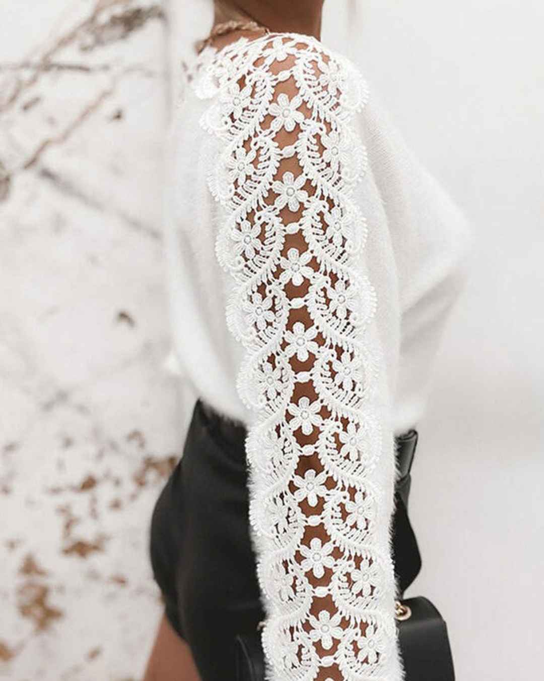 Boat Neck Lace Sleeve Fluffy Knit Jumper