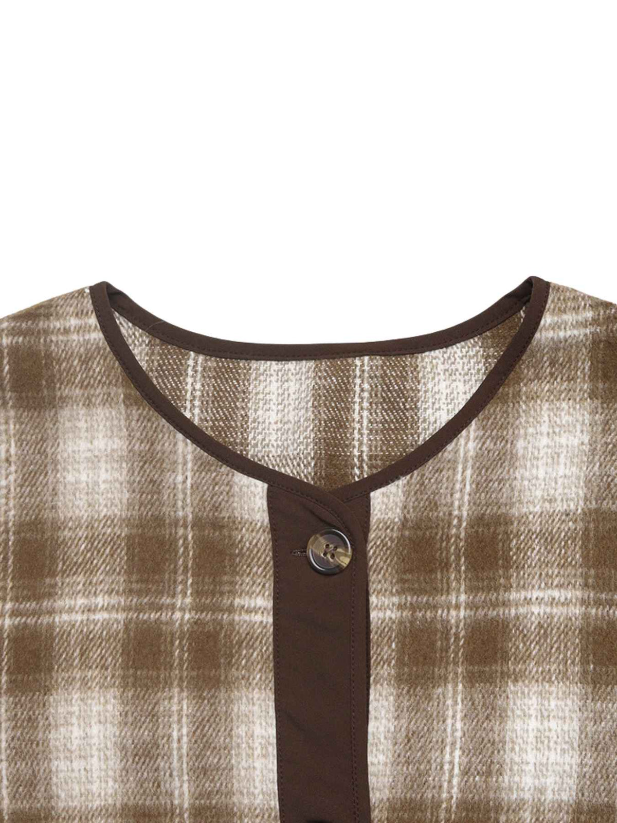 Camel Brushed Check Collarless Jacket with Brown Trim