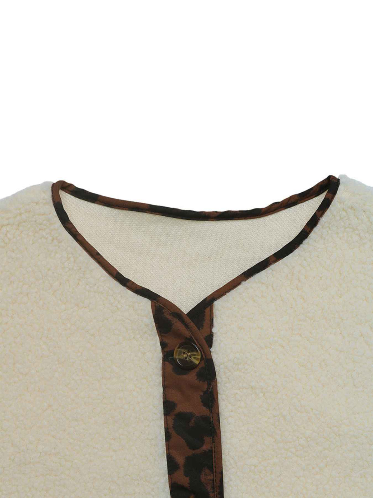 Cream Teddy Fleece Jacket with Leopard Print Trim & Buttons