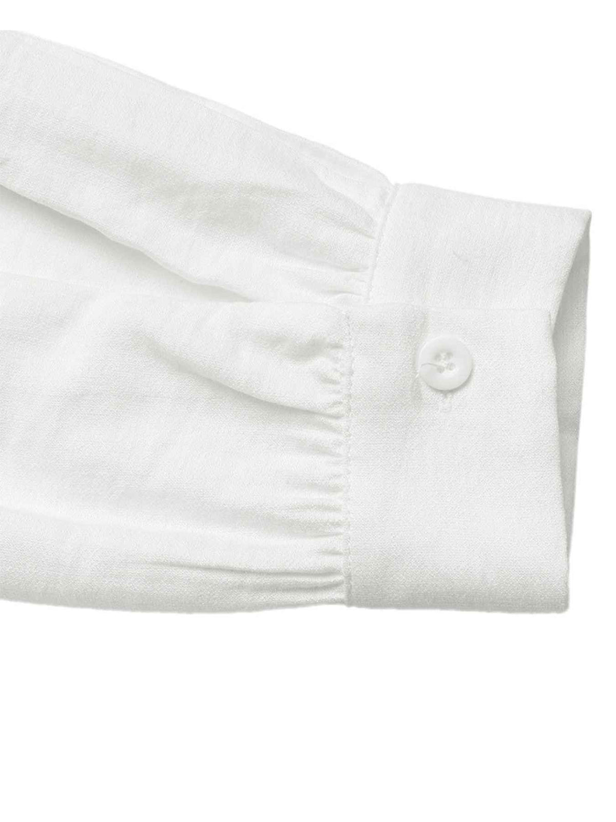 Close-up of a white long-sleeve shirt cuff with a single button closure, showing the fabric texture and pleated ruffle detail against a white background.
