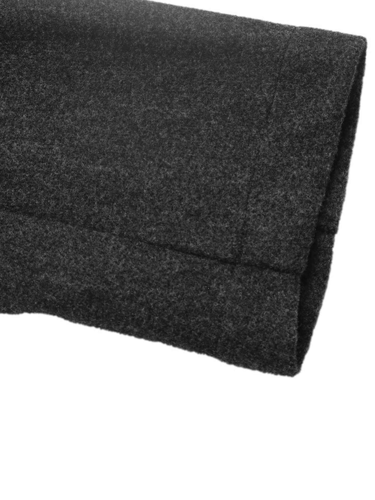 A close-up of a folded dark charcoal gray textured fabric, showing its heathered wool-like or felt texture against a plain white background.