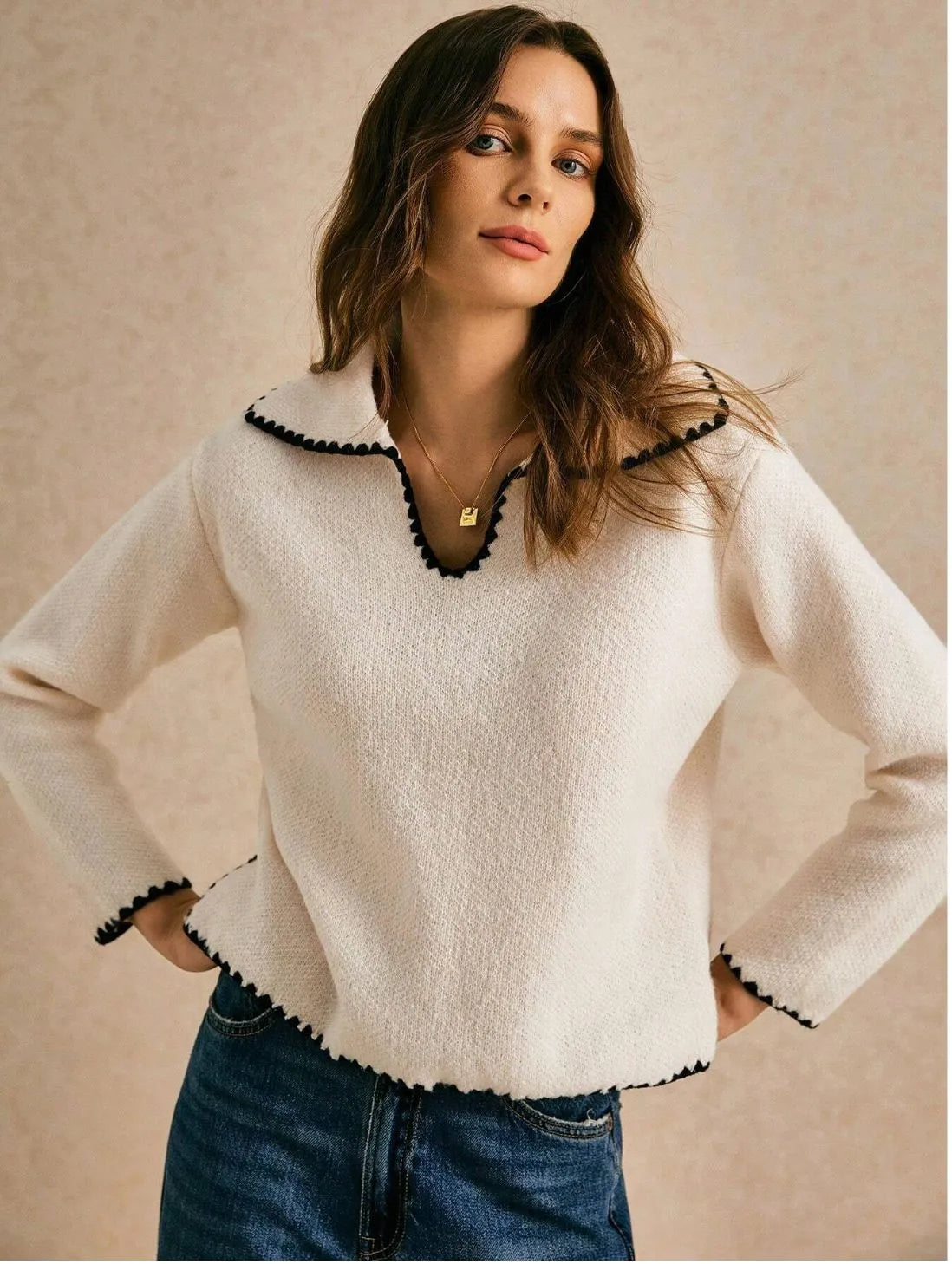 Blanket Stitch Open Collar Cropped Knit Jumper