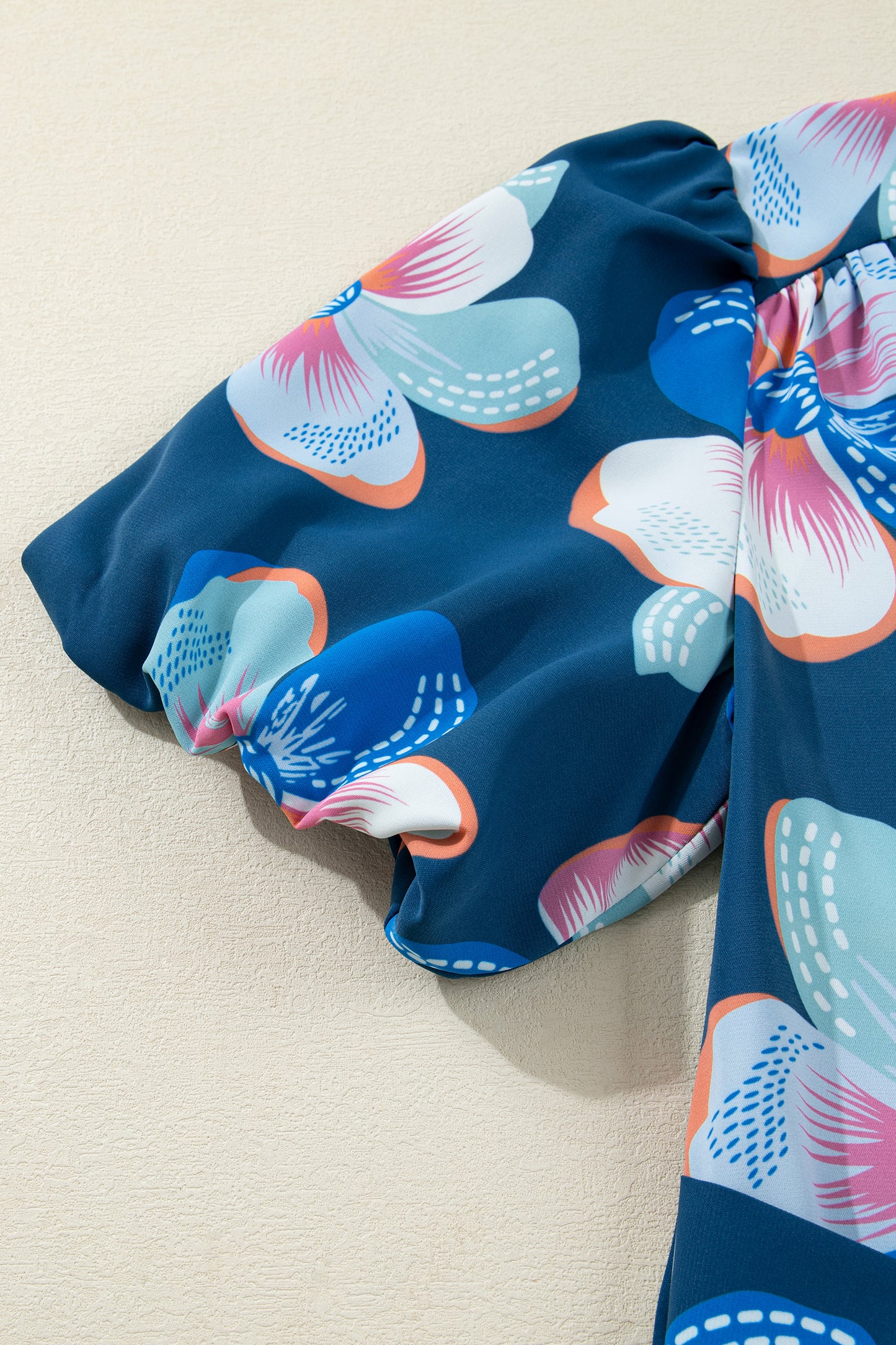 Women's Blue Floral Short Puff Sleeve Summer Midi Dress