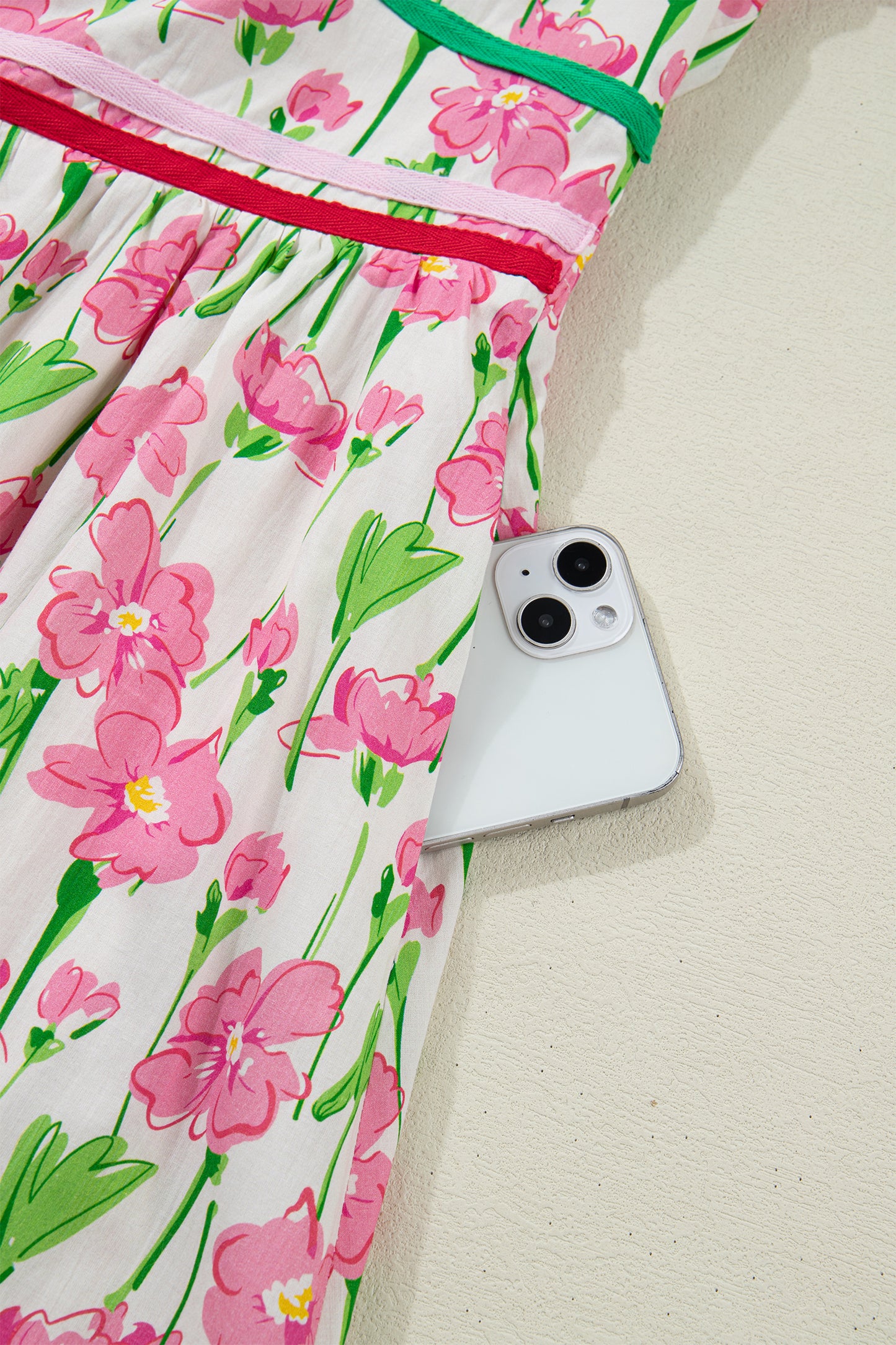 Women's Pink Floral V Neck Short Sleeve Summer Midi Dress