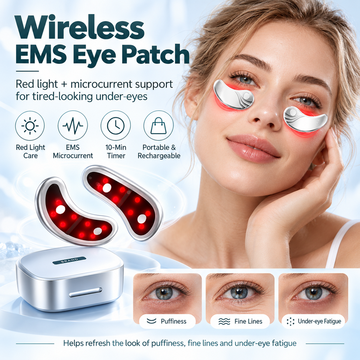 Wireless Red Light Under-Eye Patches – Rechargeable LED & EMS Microcurrent Eye Device with Charging Case