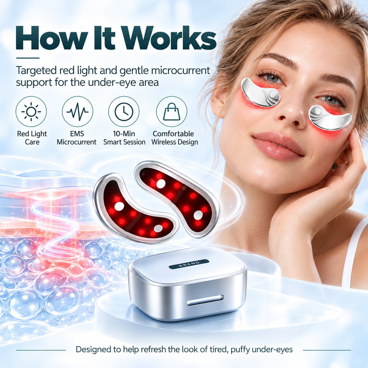 Wireless Red Light Under-Eye Patches – Rechargeable LED & EMS Microcurrent Eye Device with Charging Case