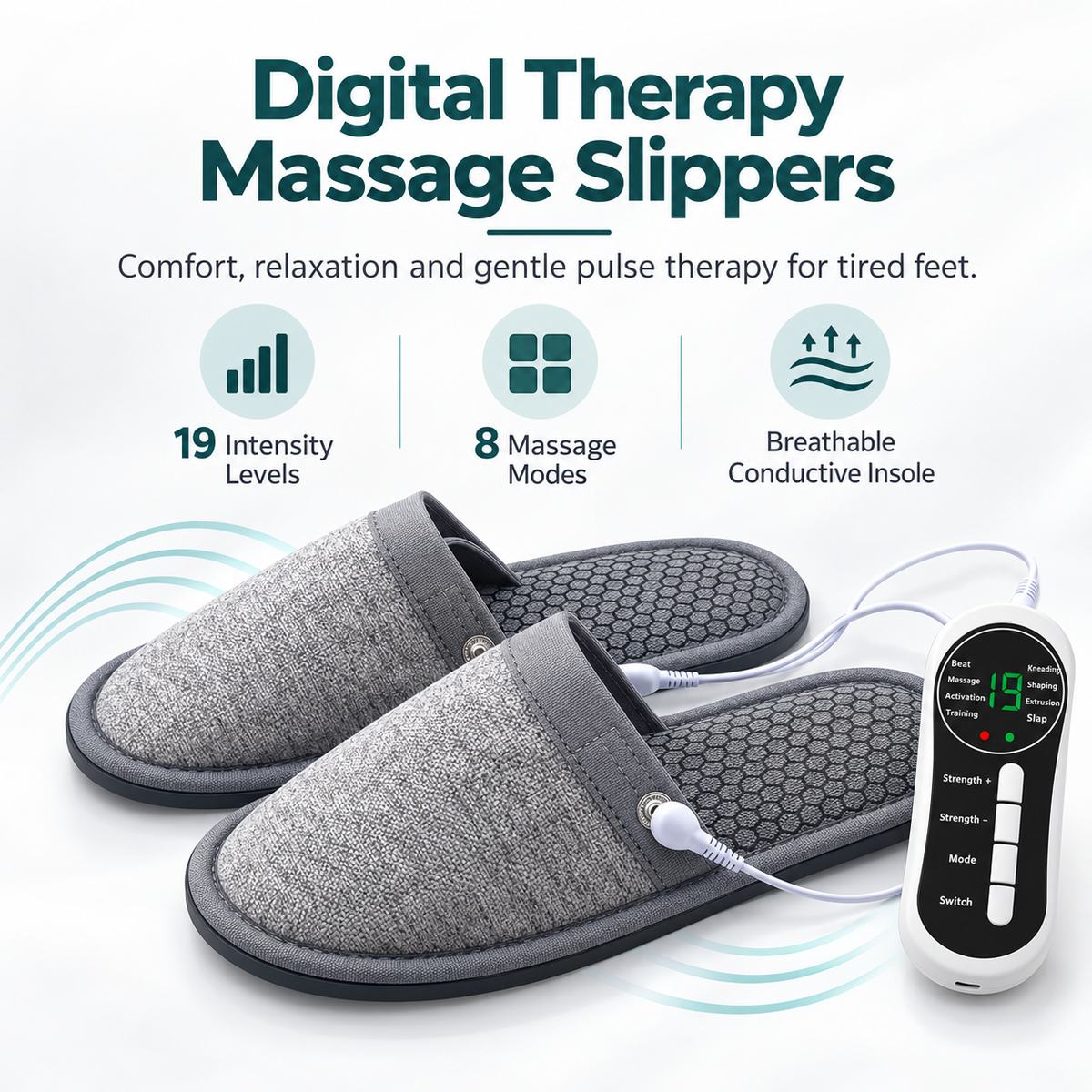 EMS Foot Massager Slippers - Electric Massage Slippers with 8 Modes & 19 Intensity Levels