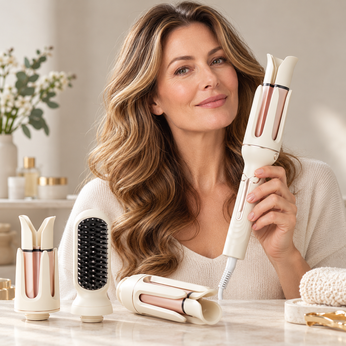 3-in-1 Automatic Hair Curler - Rotating Curling Wand with 28 mm & 32 mm Barrels and Straightening Brush Head