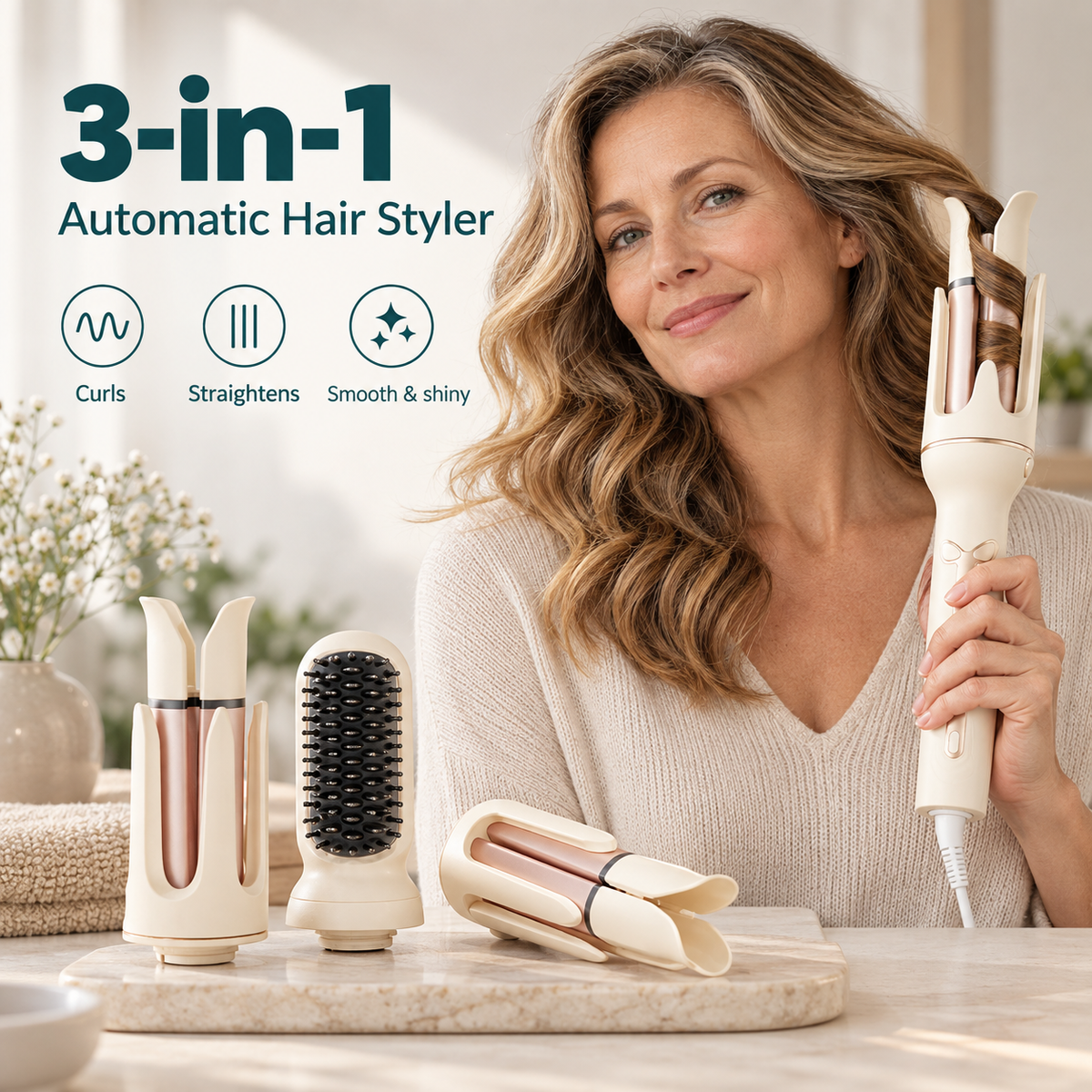 3-in-1 Automatic Hair Curler - Rotating Curling Wand with 28 mm & 32 mm Barrels and Straightening Brush Head