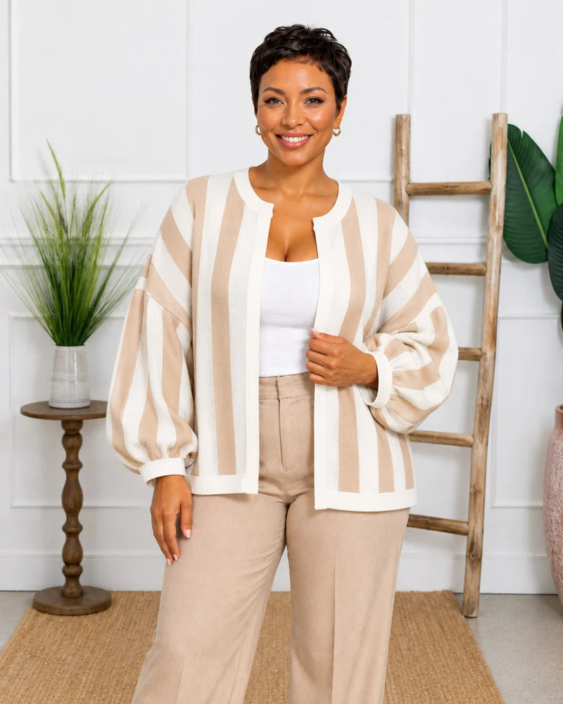 Contrast Trim Vertical Stripe Open Front Cardigan