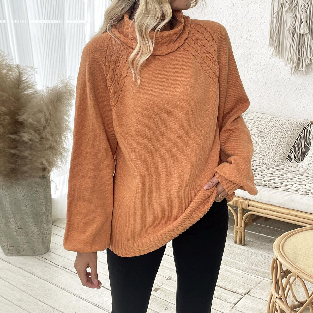 Women's Roll Neck Jumper - orange, front view