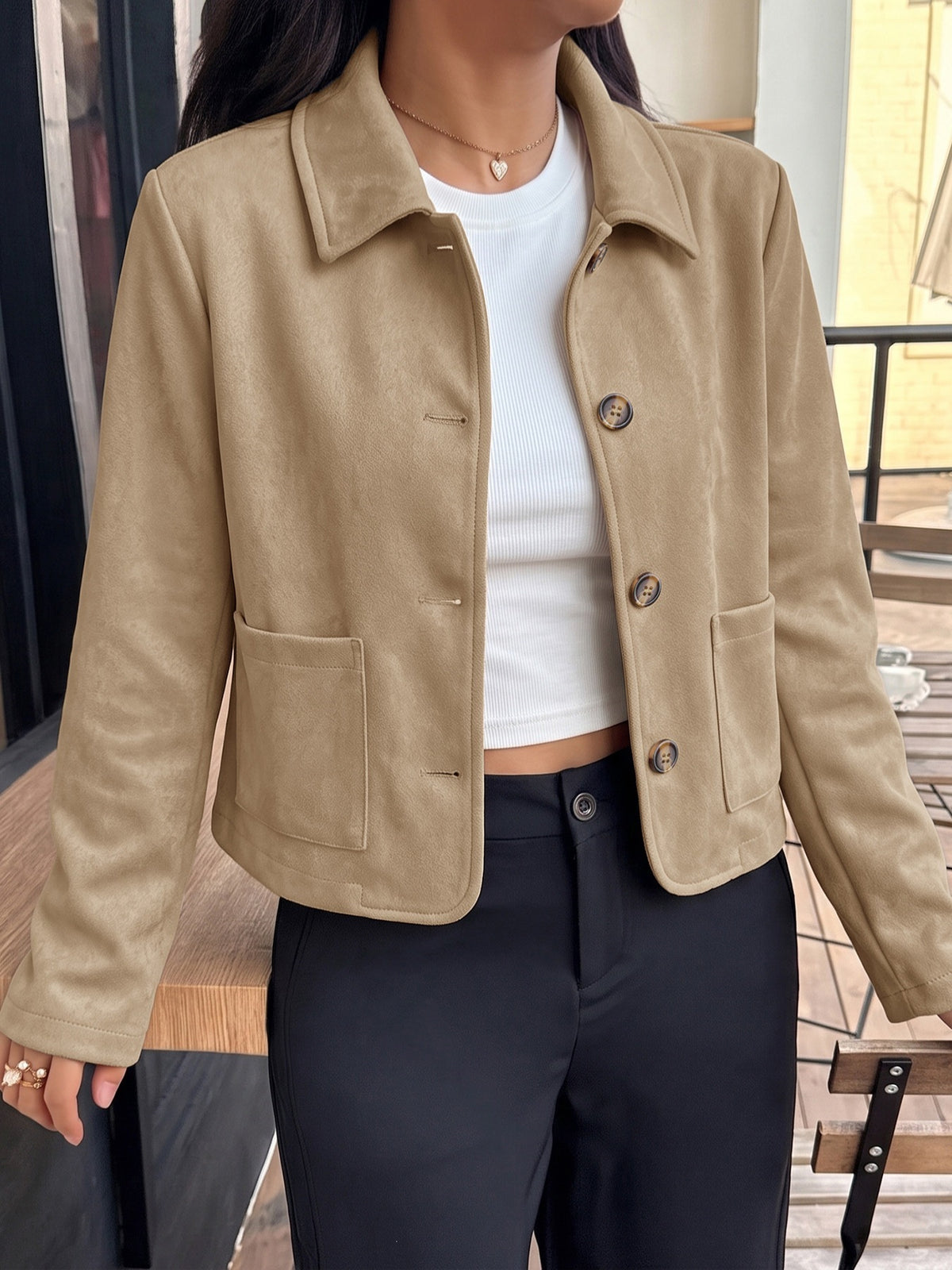 Collared Patch Pocket Button Suedette Jacket