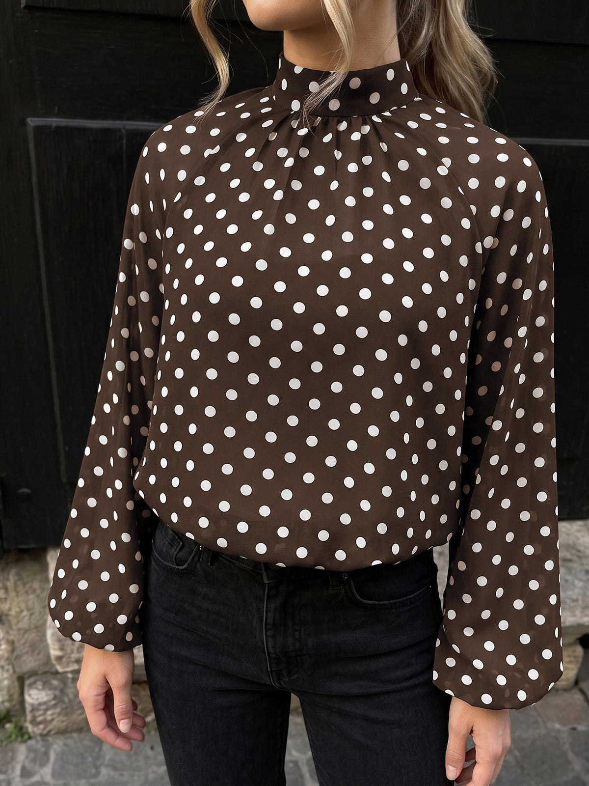 High Neck Balloon Sleeve Polka Dot Chiffon Blouse