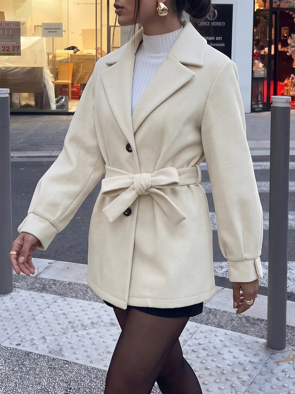 Tie Waist Single Breasted Short Belted Coat