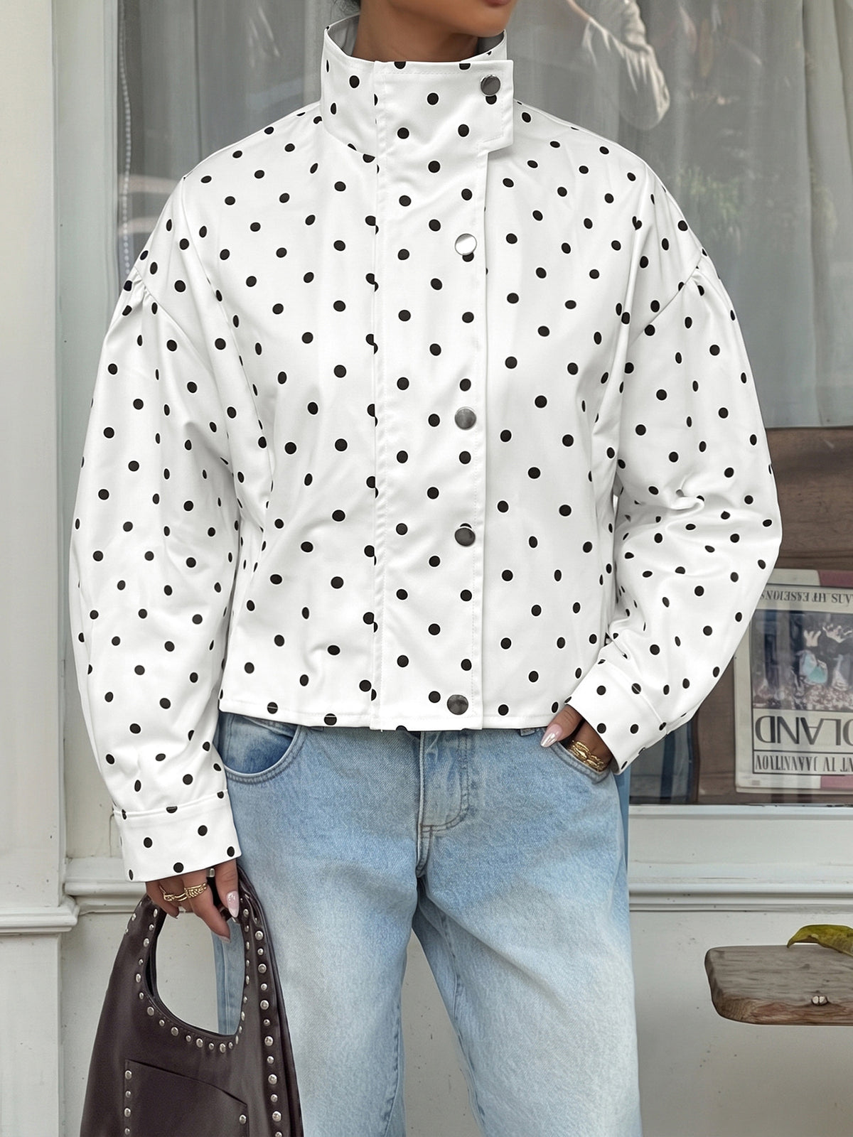 Funnel Neck Zip Front Cropped Polka Dot Jacket