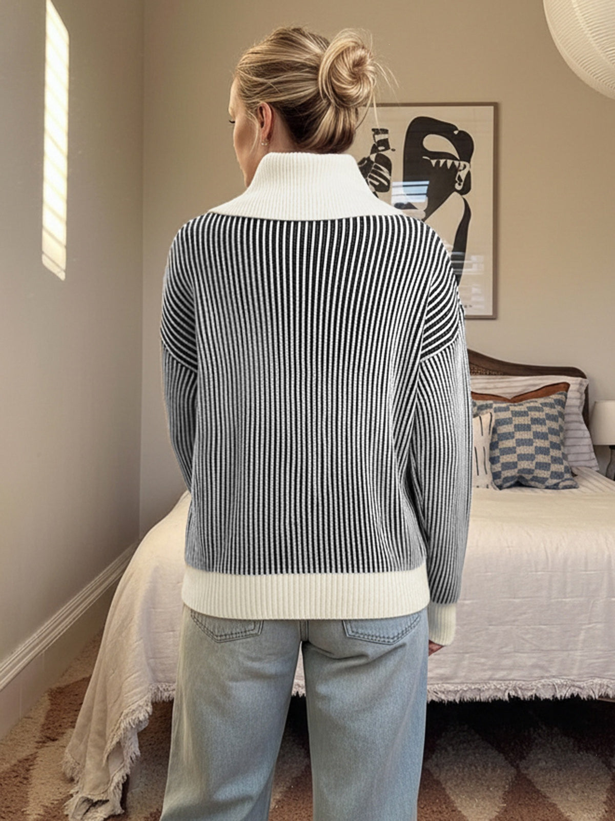Wide Contrast Collar Vertical Stripe Ribbed Jumper