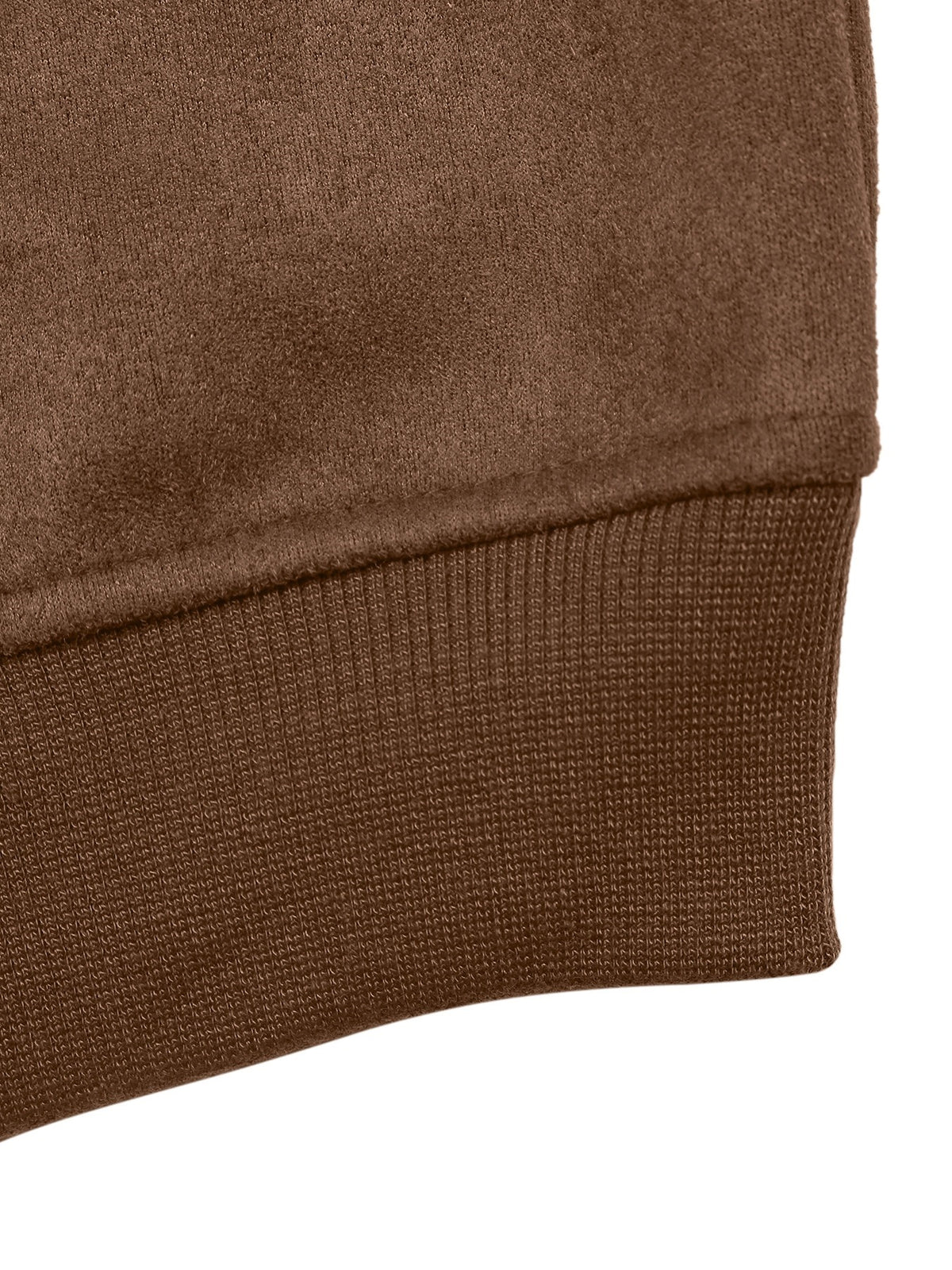 Close-up detail of a brown ribbed knit cuff and matching brown fabric body, showing texture and construction against a white background.
