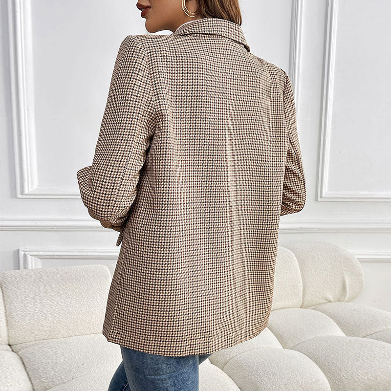 Women's Houndstooth Blazer - beige, back view