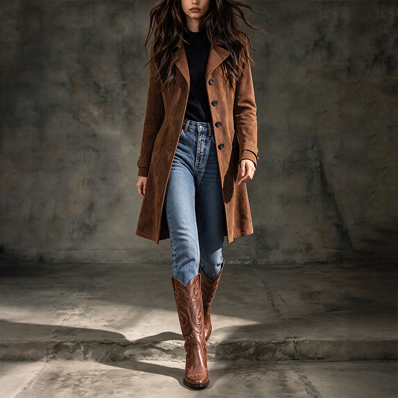 Women's Faux Suede Trench Coat - brown, full length styled with jeans