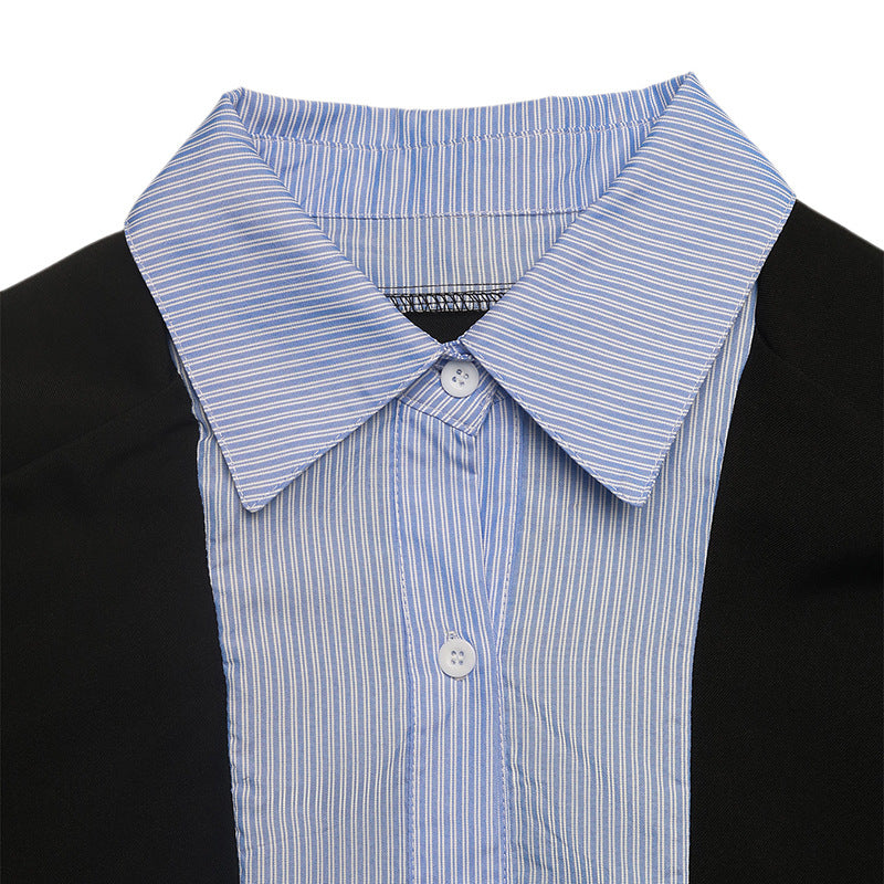 Blue and white pinstripe shirt collar and front panel built into the black blazer