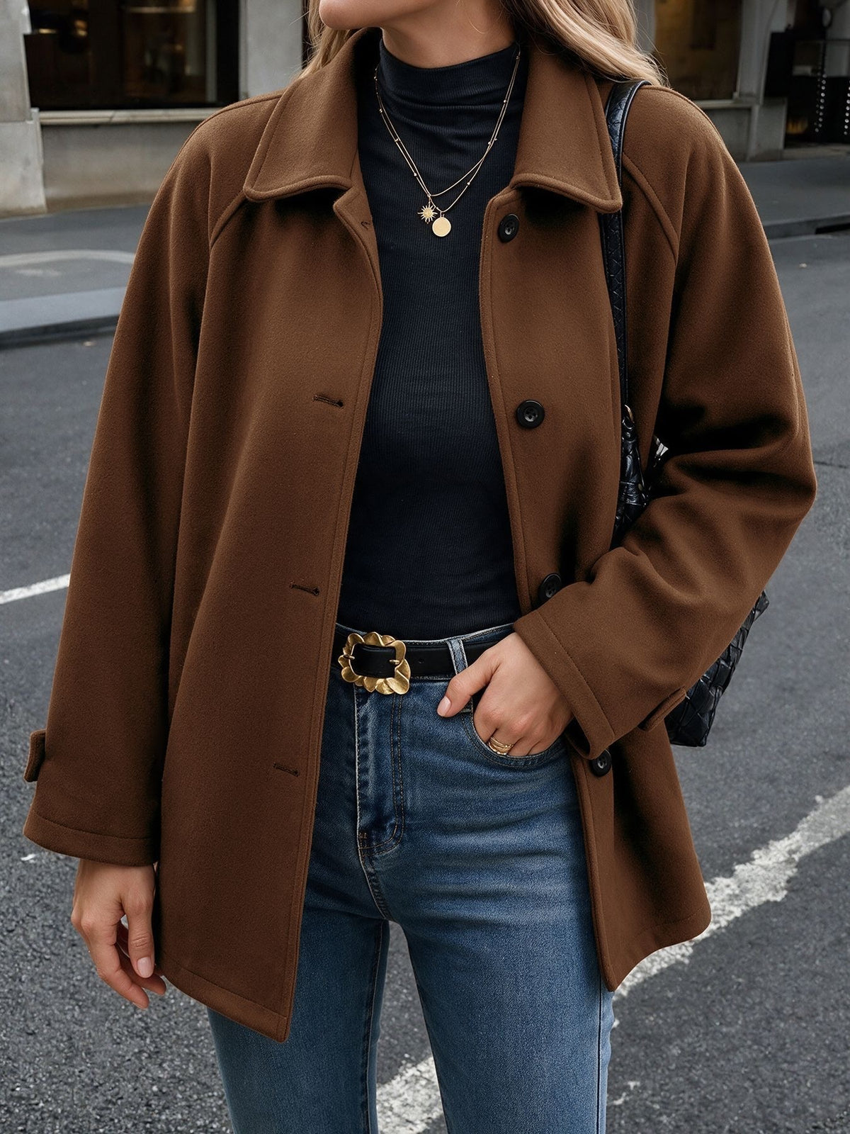 Collared Single Breasted Raglan Sleeve Car Coat