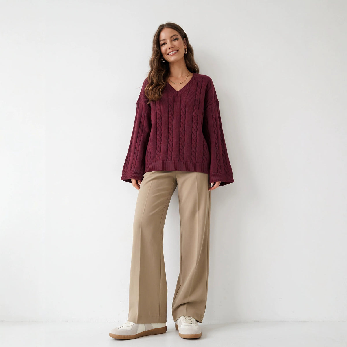 Women's Cable Knit Jumper - burgundy, full length front view