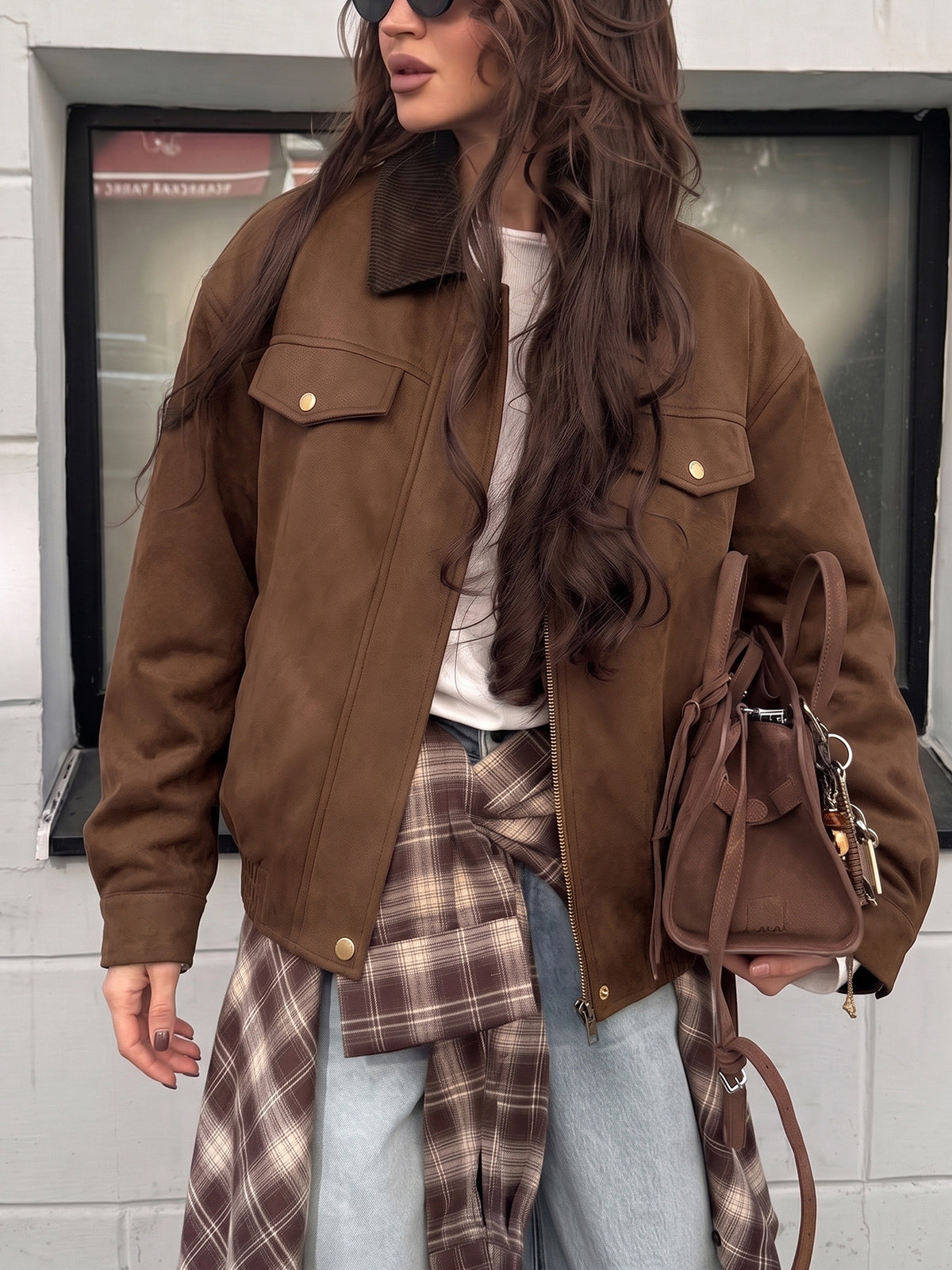 A woman wearing an oversized brown suede jacket with a dark brown collar, styled with a white t-shirt, a brown plaid shirt tied around her waist, light blue jeans, and carrying a brown leather shoulder bag.