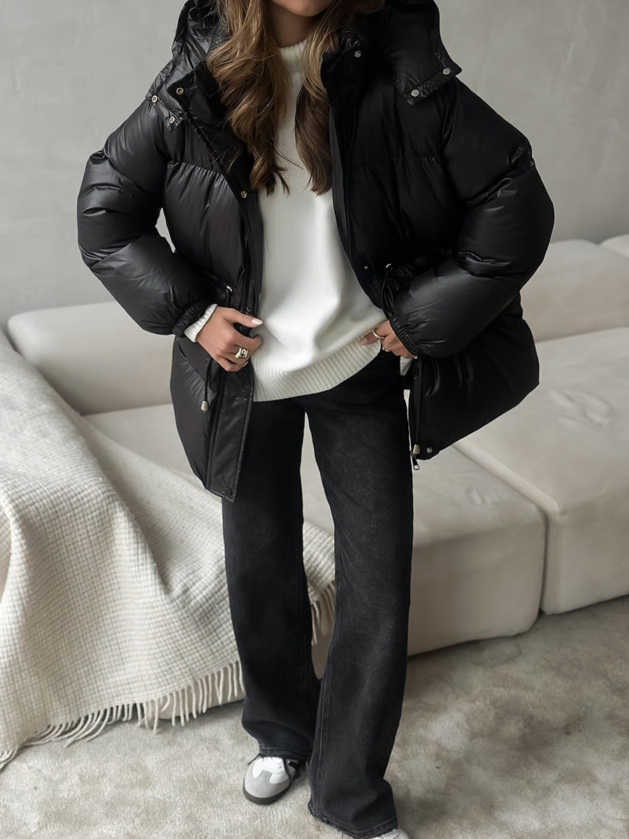 Drawstring Waist Hooded Zip Front Puffer Jacket