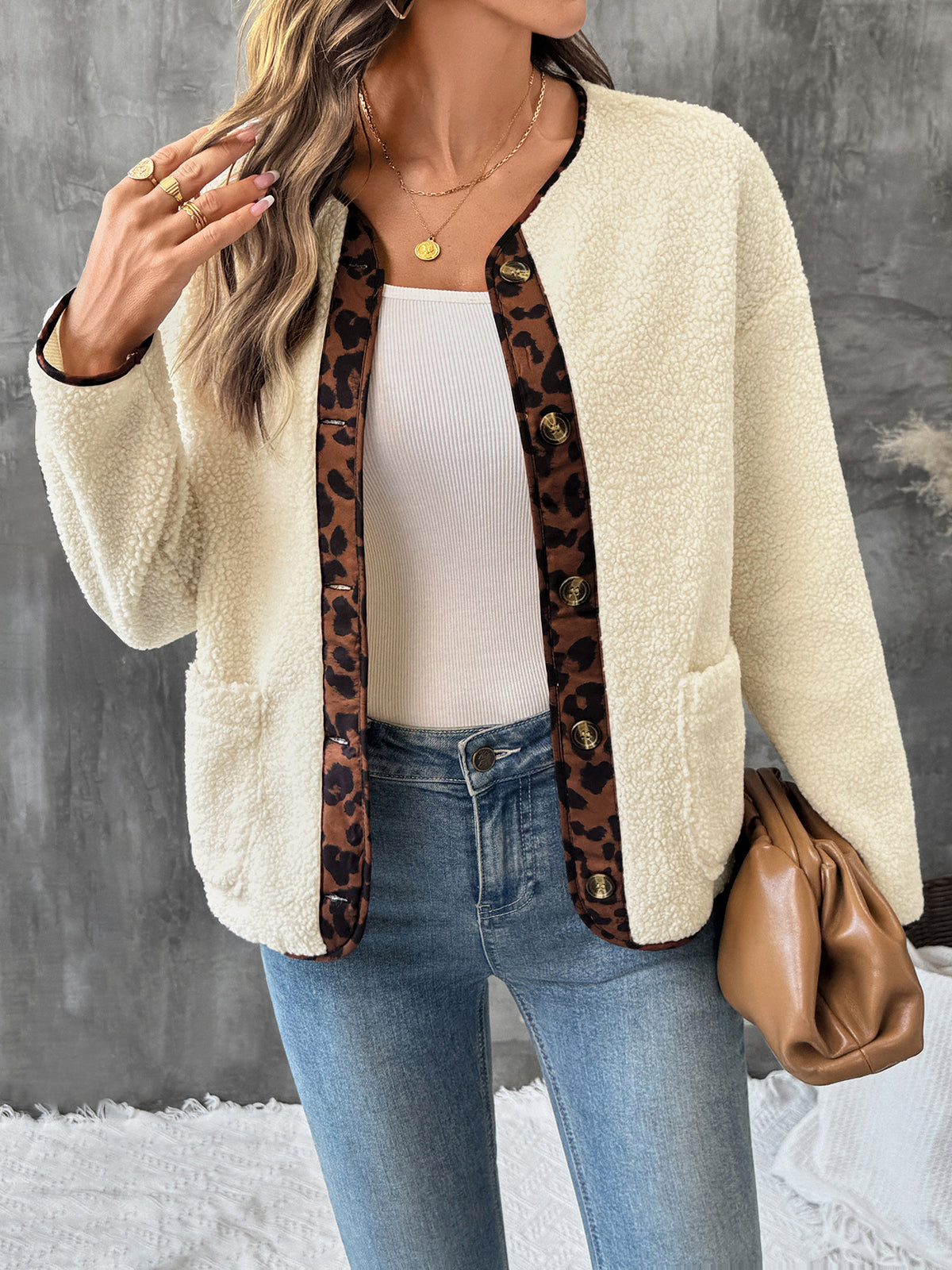 Cream Teddy Fleece Jacket with Leopard Print Trim & Buttons
