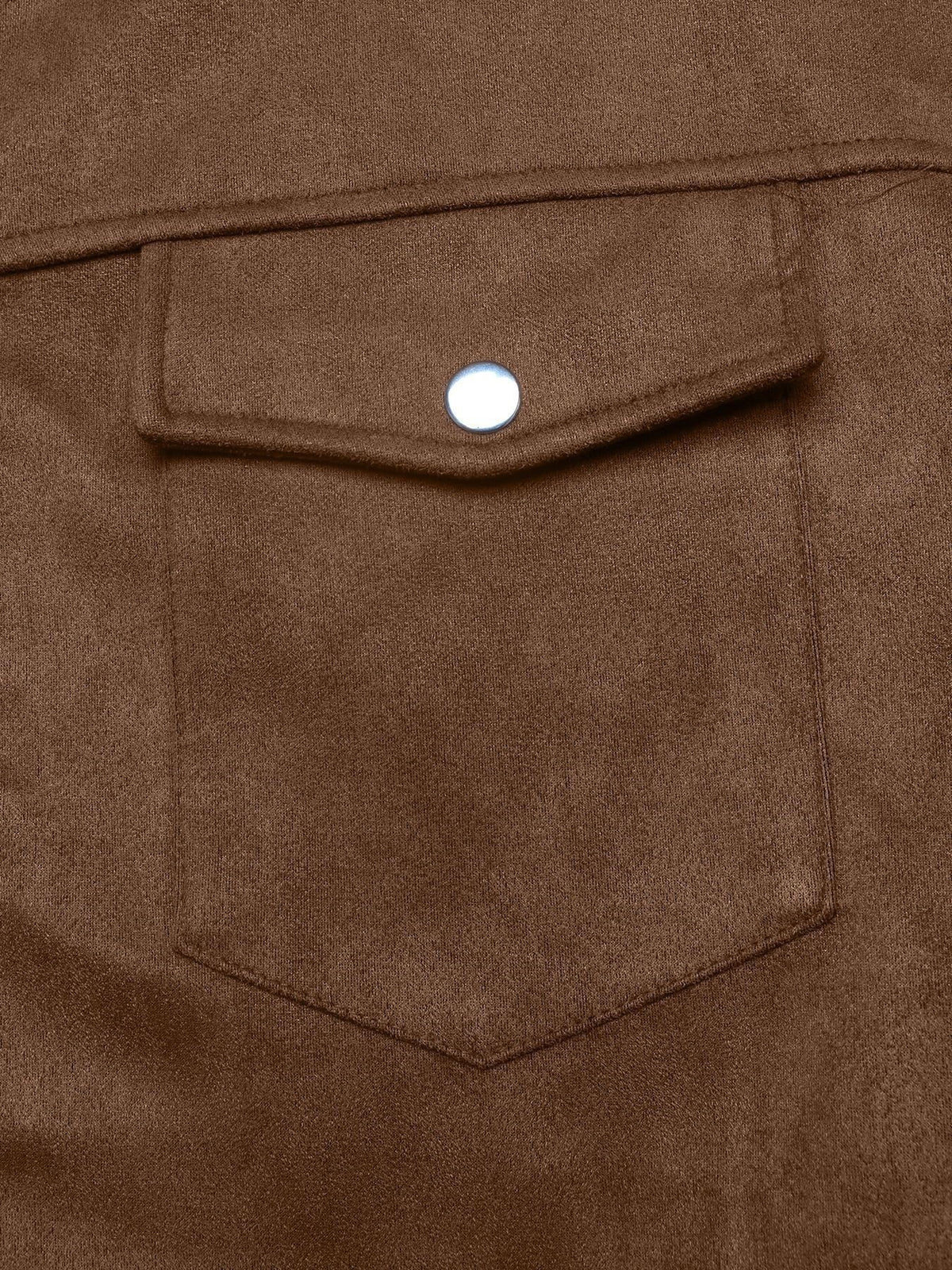 Close-up of a brown suede or micro-suede jacket featuring a front flap pocket with a silver metal snap button closure.