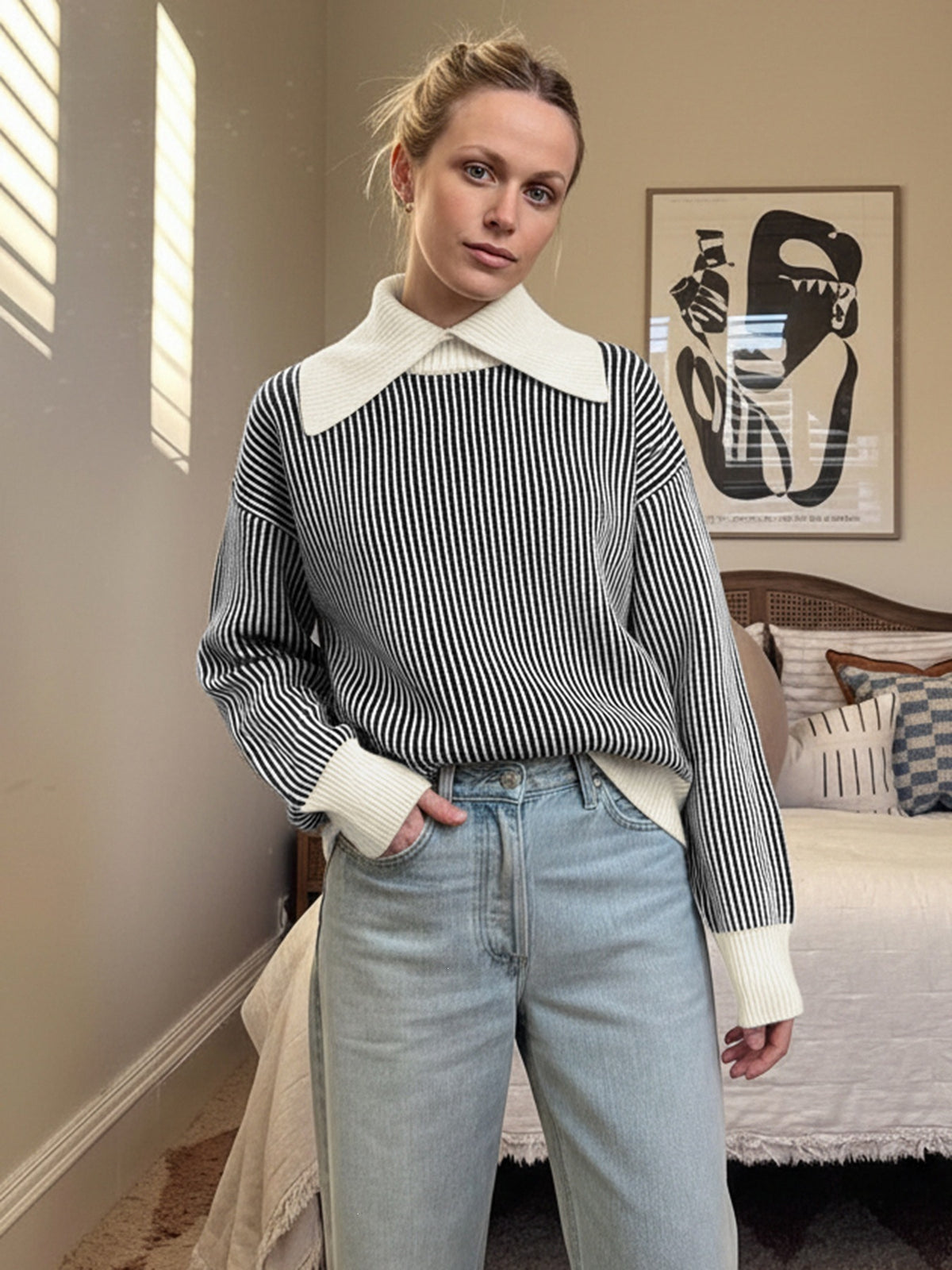 Wide Contrast Collar Vertical Stripe Ribbed Jumper