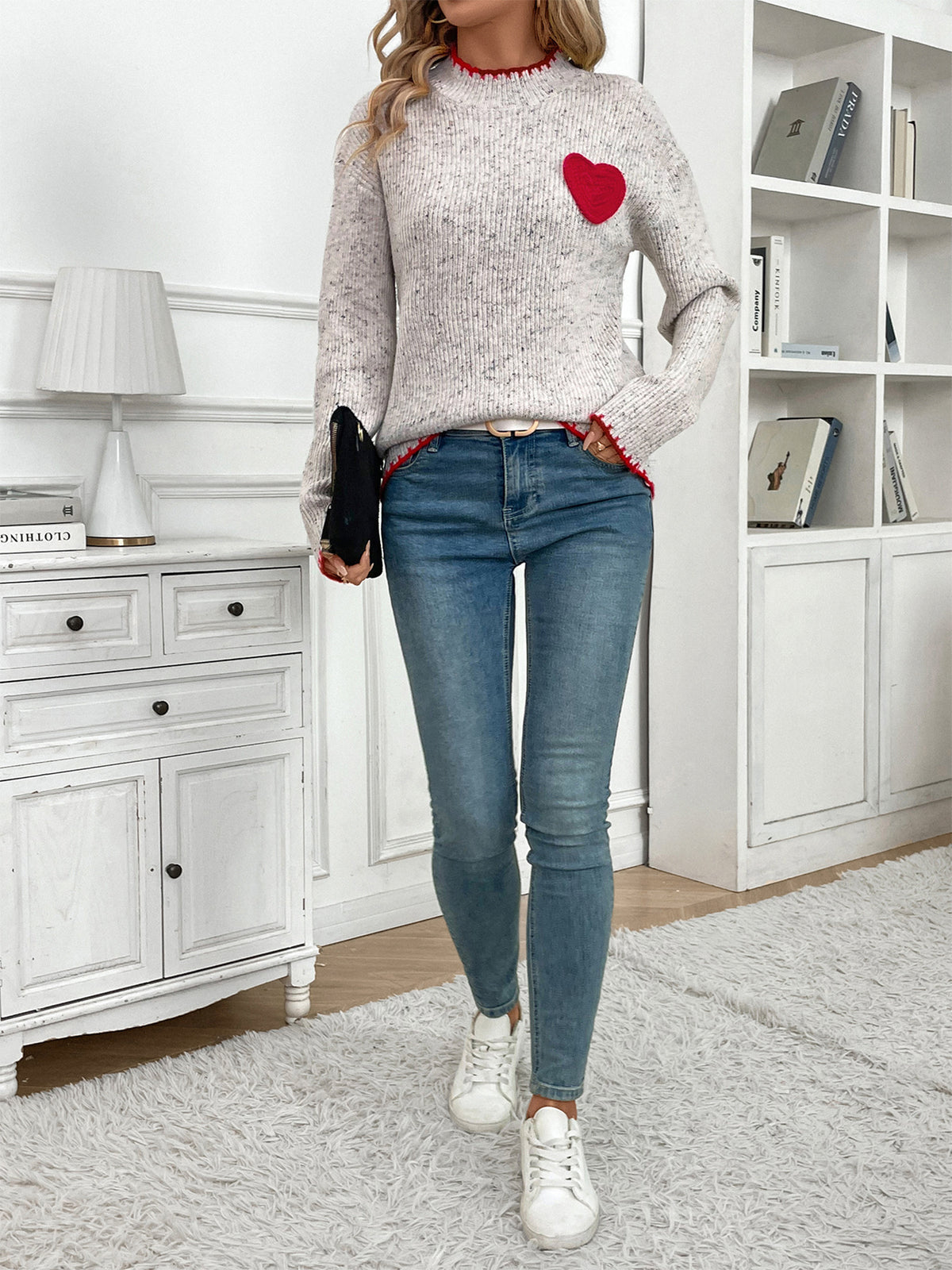 Contrast Stitch Mock Neck Heart Knit Jumper