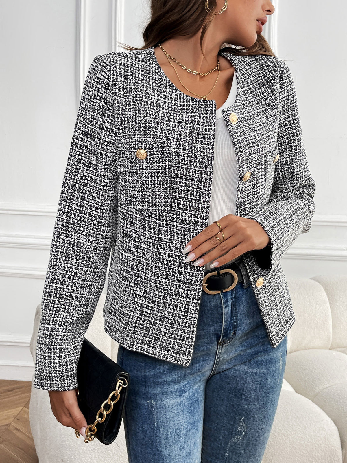Gold Button Collarless Tweed Effect Cropped Jacket