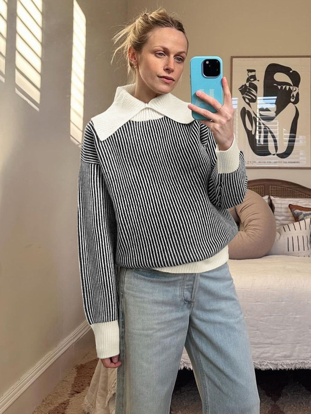 Wide Contrast Collar Vertical Stripe Ribbed Jumper