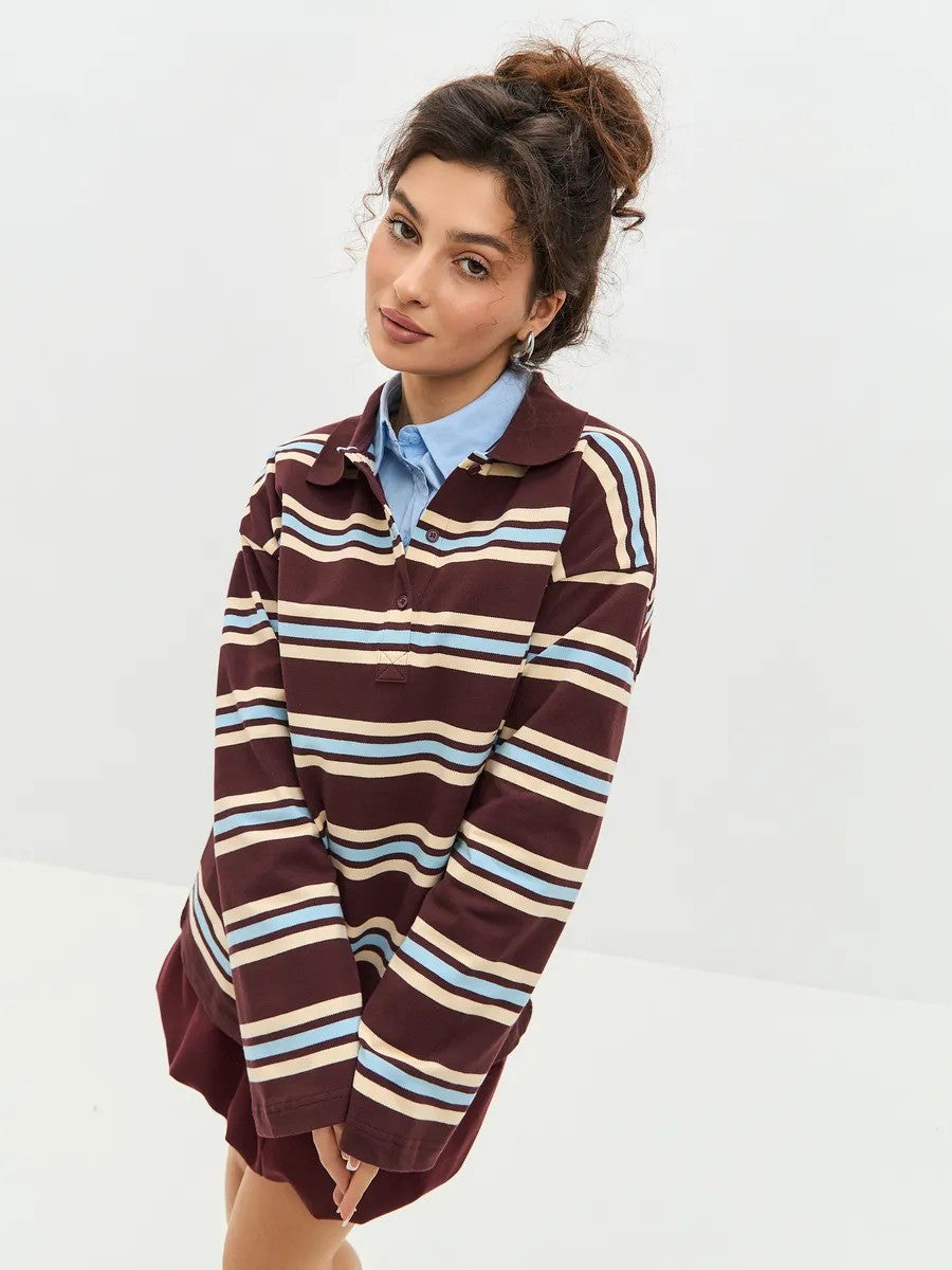 Button Placket Oversized Striped Rugby Top
