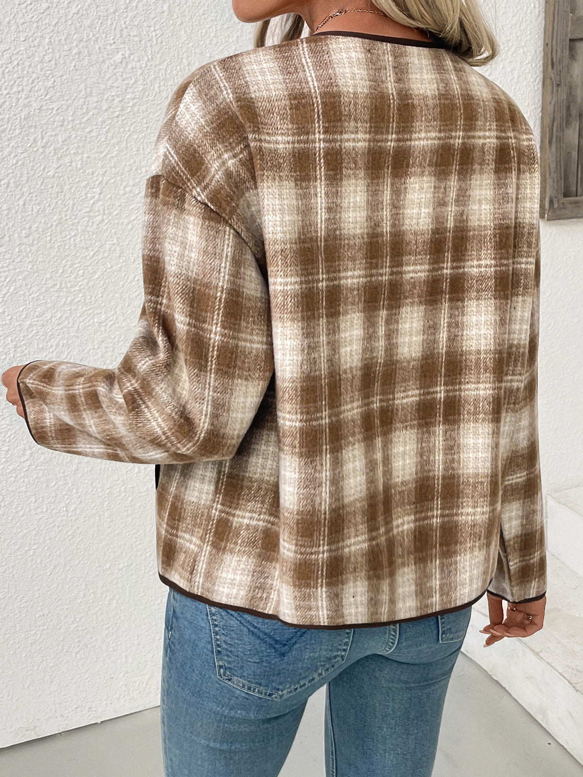 Camel Brushed Check Collarless Jacket with Brown Trim