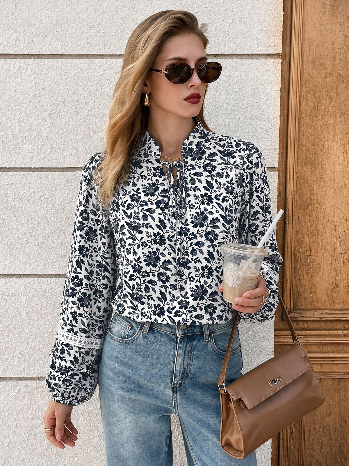 Lace Insert Balloon Sleeve Tie Neck Ditsy Floral Blouse