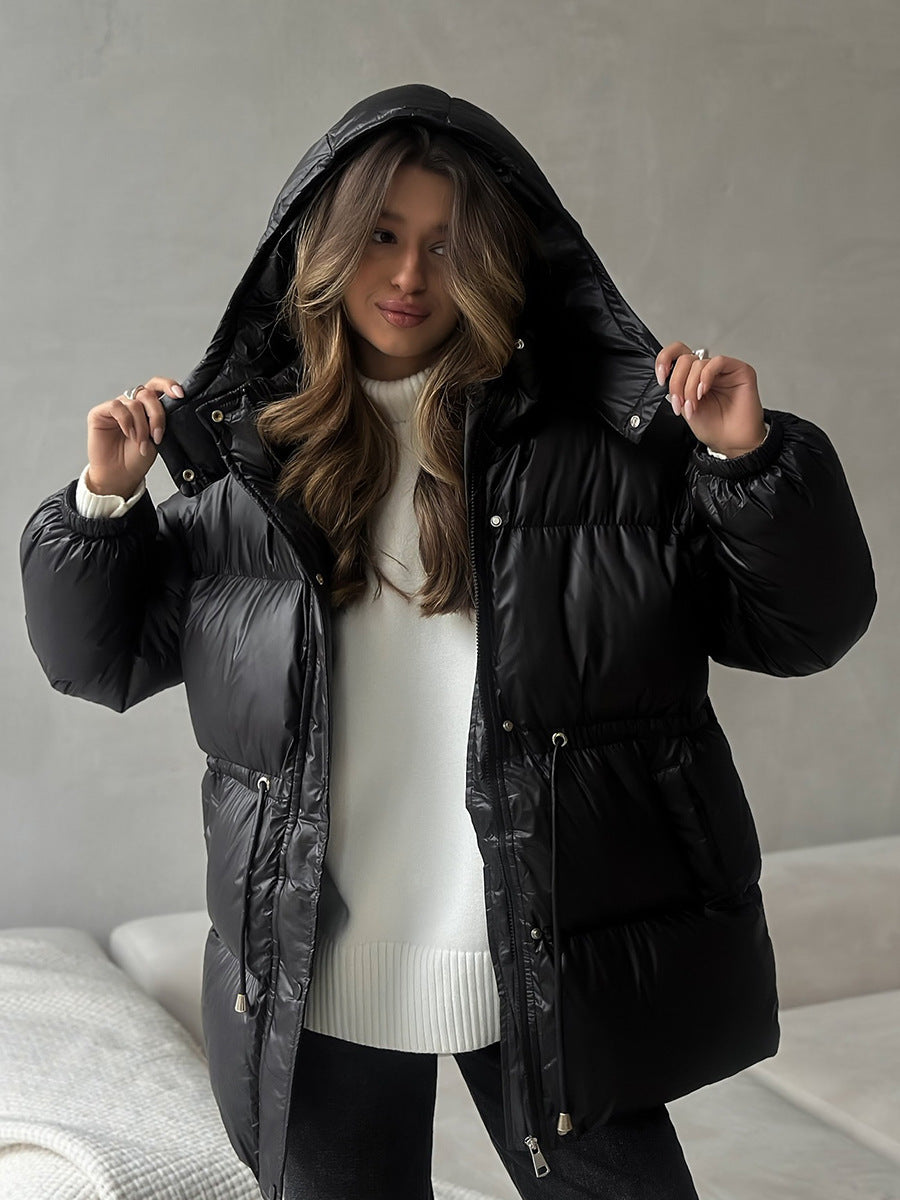 Drawstring Waist Hooded Zip Front Puffer Jacket